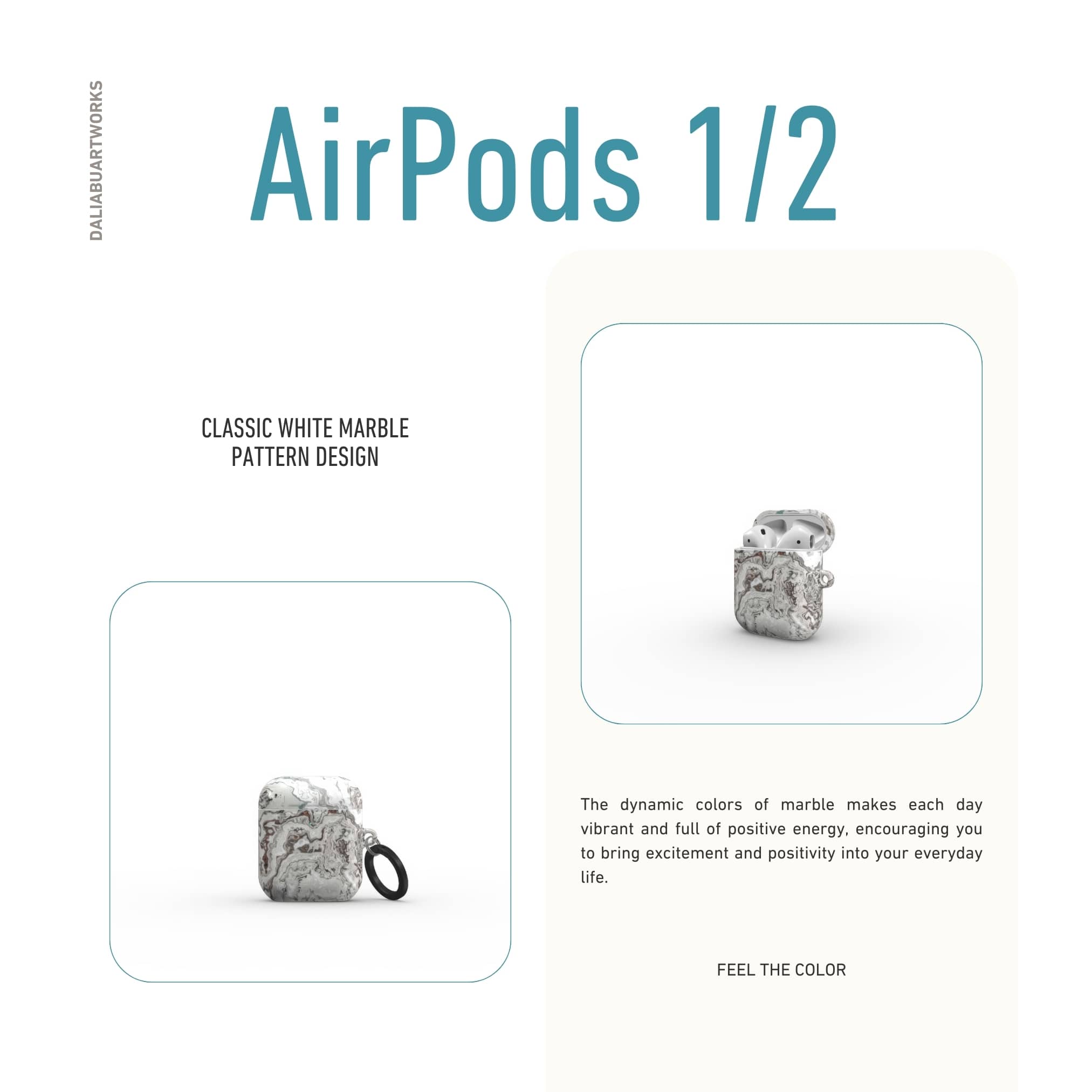 AirPods 1/2 tough case front view; Classic White Marble pattern, artistic, abstract marble pattern. White and grey color combination.