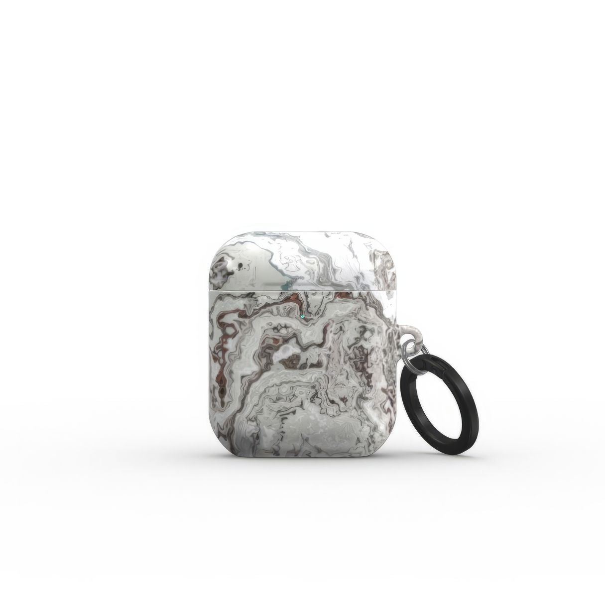 AirPods 1/2 tough case front view; Classic White Marble pattern, artistic, abstract marble pattern. White and grey color combination.