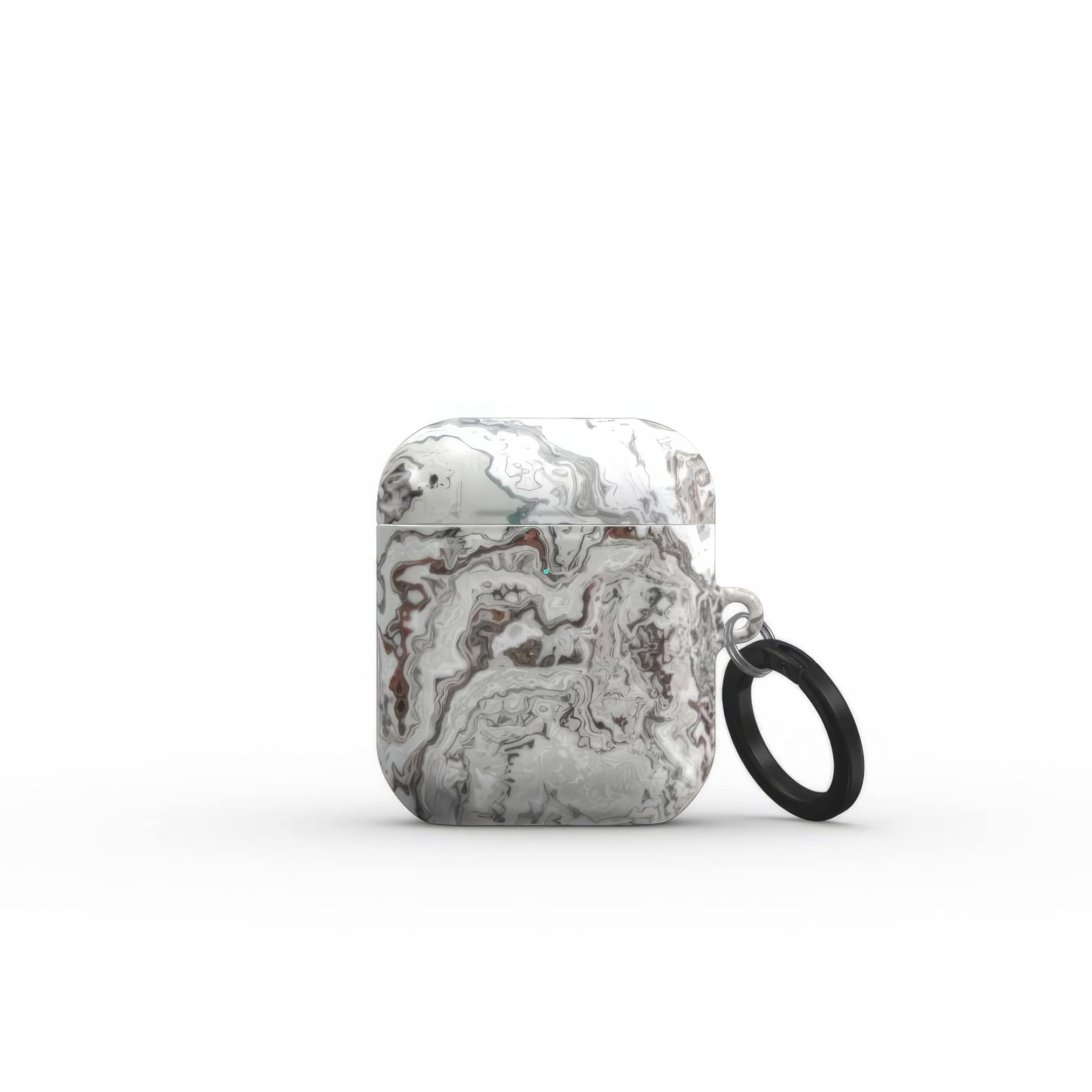 AirPods 1/2 tough case front view; Classic White Marble pattern, artistic, abstract marble pattern. White and grey color combination.