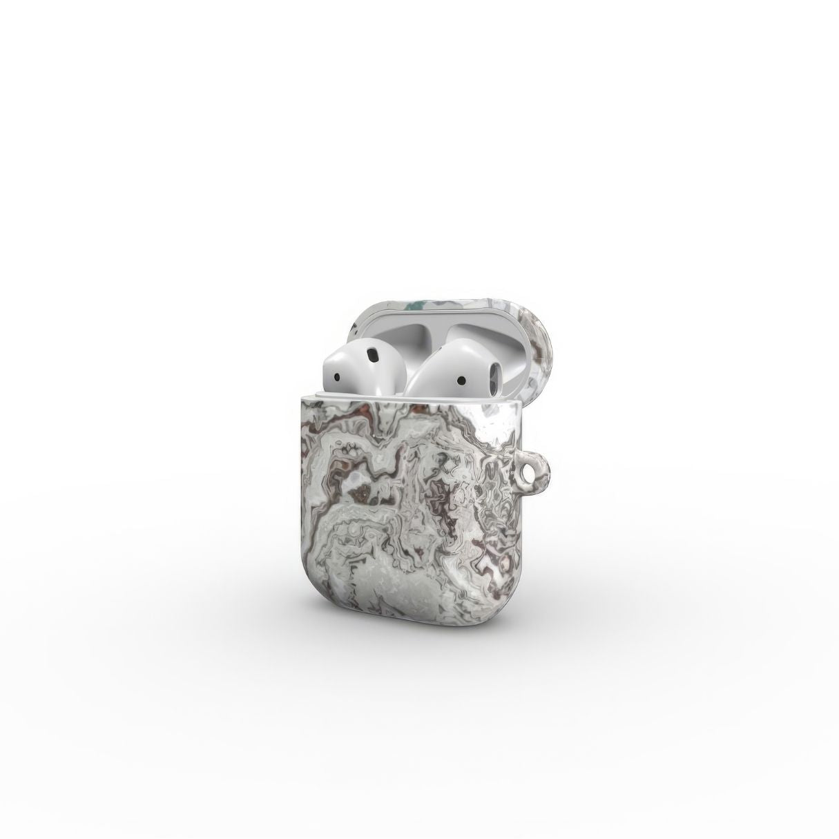 AirPods 1/2 tough case side open view; Classic White Marble pattern, artistic, abstract marble pattern. White and grey color combination.
