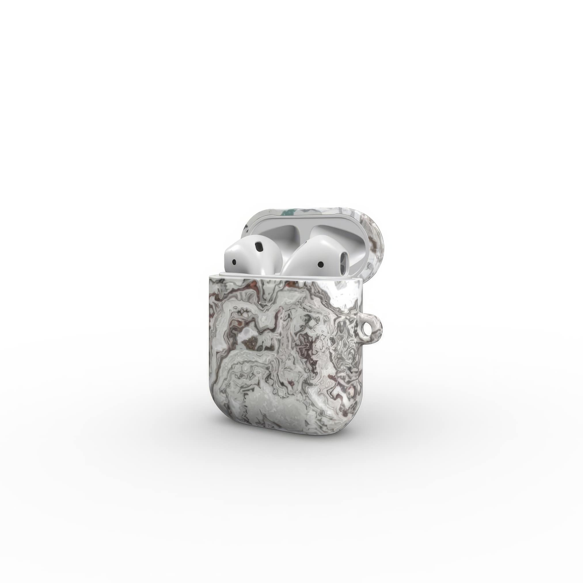 AirPods 1/2 tough case side view; Classic White Marble pattern, artistic, abstract marble pattern. White and grey color combination.