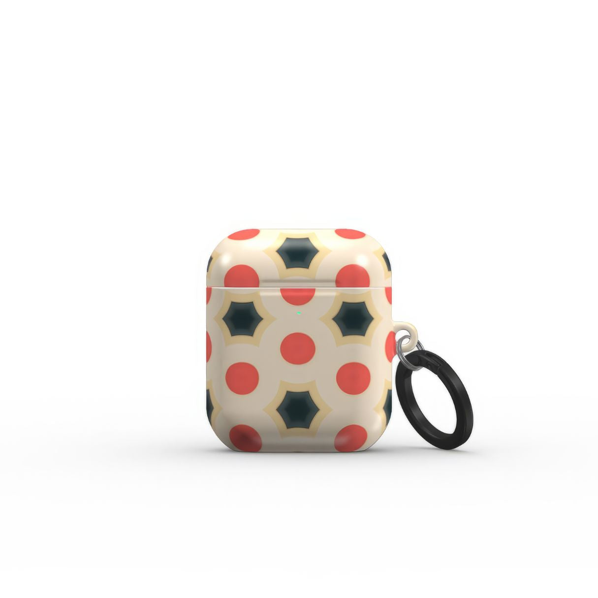 AirPods 1 and 2 tough case front view; Clown Add pattern, artistic, ornamental kaleidoscope pattern. Red and beige color combination. Bold expressive aesthetic design. Colorful and interior fit.