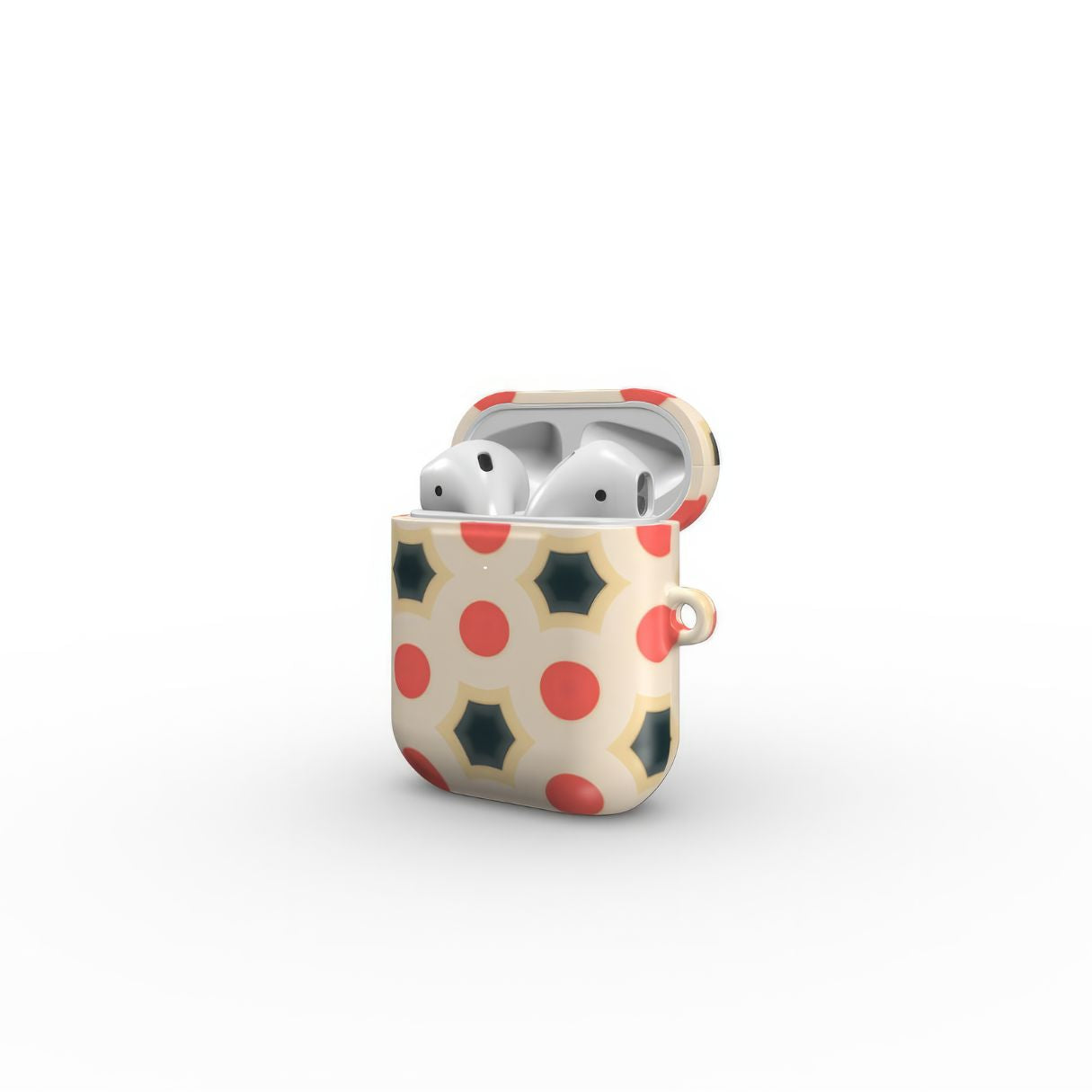 AirPods 1 and 2 tough case side open view; Clown Add pattern, artistic, ornamental kaleidoscope pattern. Red and beige color combination. Bold expressive aesthetic design. Colorful and interior fit.