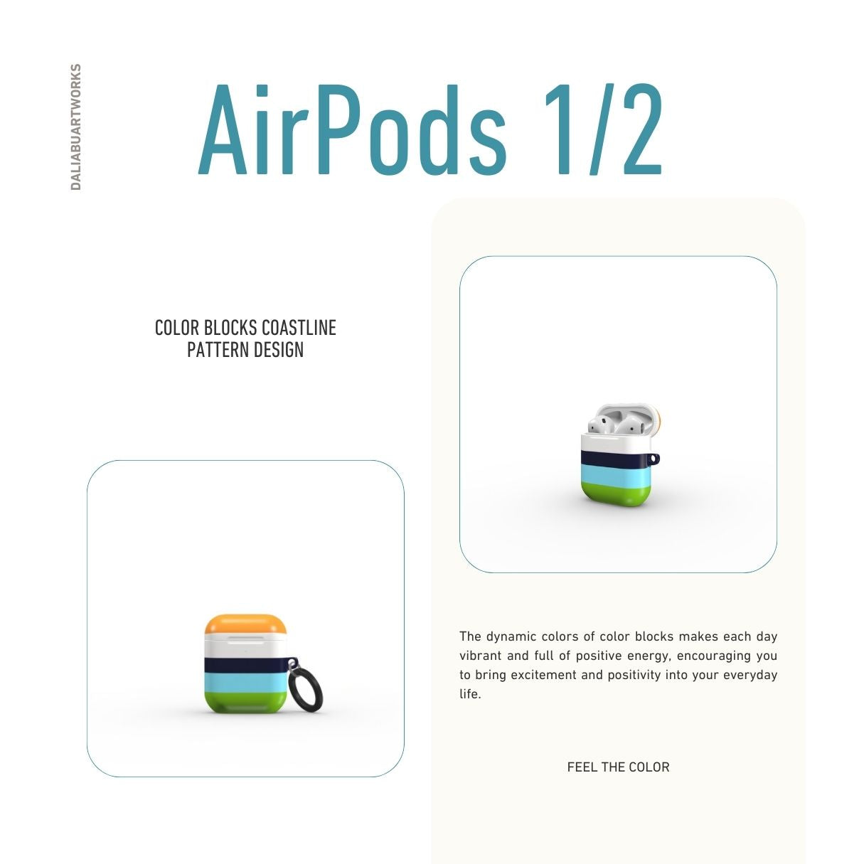 AirPods 1 and 2 tough case Color Blocks Coastline pattern design with a color blocks, featuring an elegant and expressive aesthetic design. Main colors are light green, blue and orange. Front view.