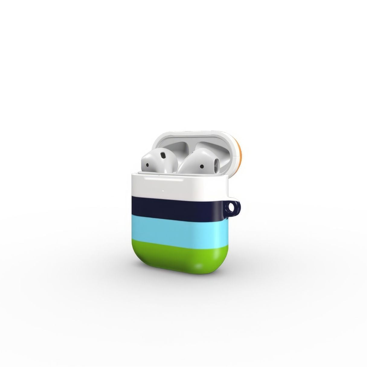 AirPods 1 and 2 tough case Color Blocks Coastline pattern design with a color blocks, featuring an elegant and expressive aesthetic design. Main colors are light green, blue and orange. Side view.