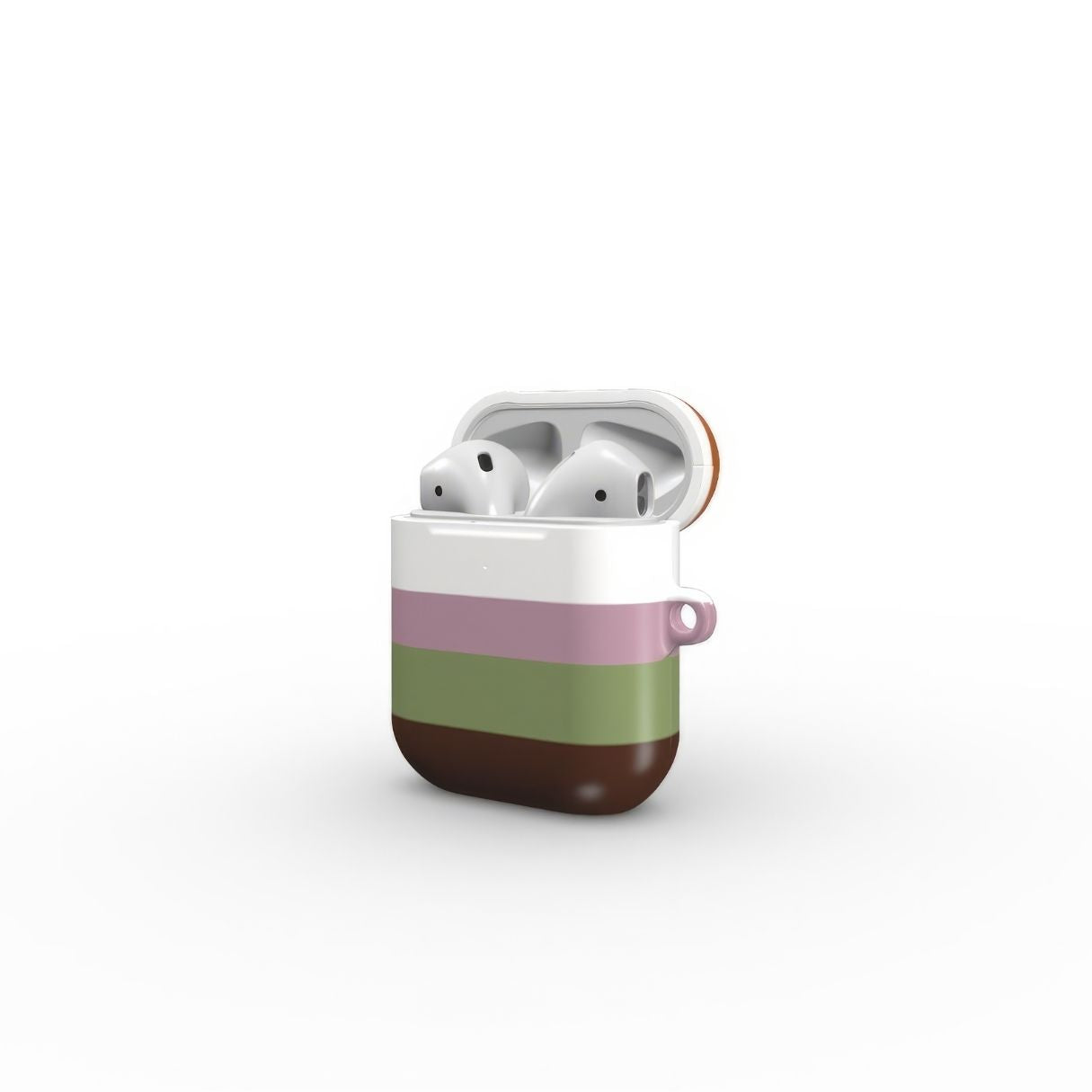 AirPods 1 and 2 case Color Blocks Forest pattern design with a color blocks, featuring an elegant and expressive aesthetic design. Main colors are caramel, chocolate brown, rich green. Side open view.