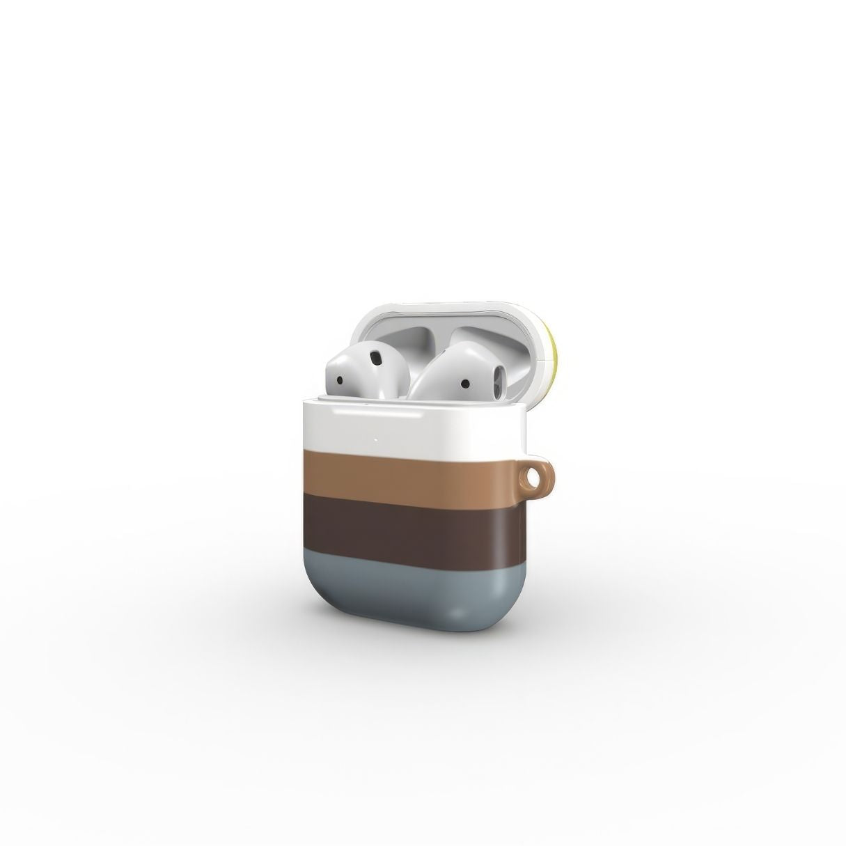 AirPods 1 and 2 case Color Blocks Grey pattern design with a color blocks, featuring an elegant and expressive aesthetic design. Main colors are caramel, chocolate brown, yellow and gray. Side view.