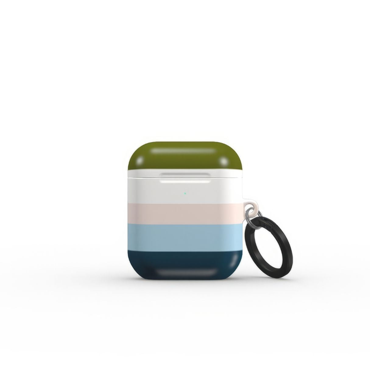 AirPods 1 and 2 hard shell ultra thin tough case Color Blocks Navy pattern design with a color blocks, featuring an elegant and expressive aesthetic design. Main colors are khaki, navy blue, deep marine, light blue and pink. Front closed view.