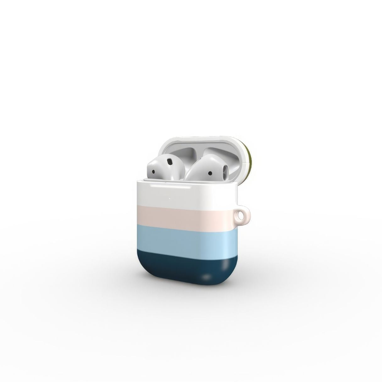 AirPods 1 and 2 hard shell ultra thin tough case Color Blocks Navy pattern design with a color blocks, featuring an elegant and expressive aesthetic design. Main colors are khaki, navy blue, deep marine, light blue and pink. Side open view.