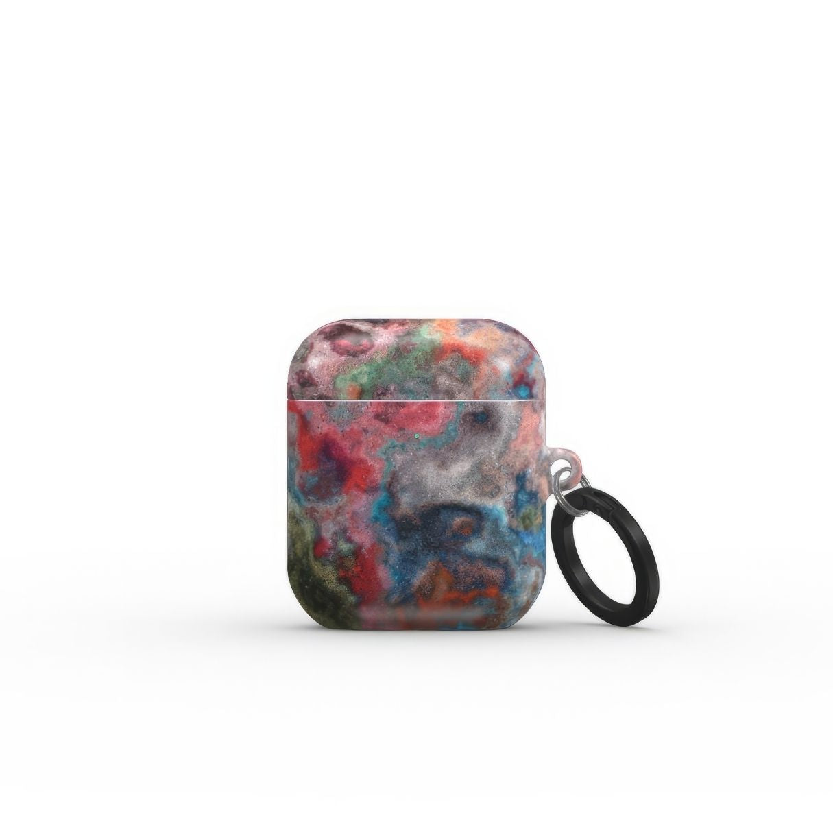 AirPods 1/2 case with vivid color pattern Color Fog abstract and artistic style, featuring an elegant and expressive aesthetic design. Main colors are red, deep blue and green. Front view.