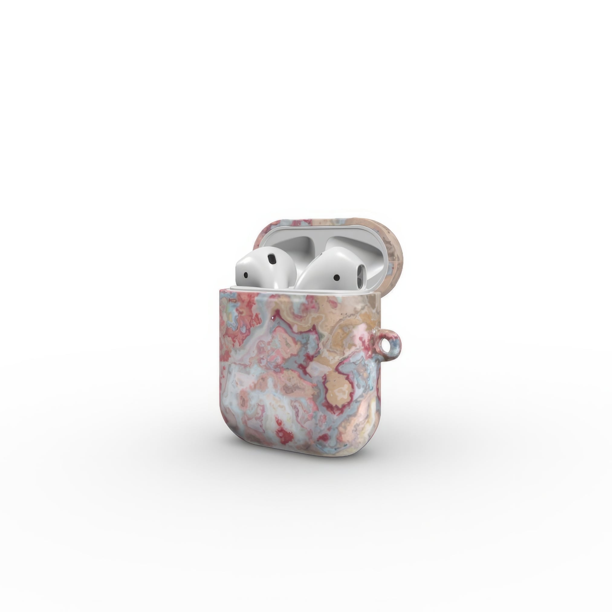 AirPods 1/2 tough case side open view; Divine Blue pattern, artistic, abstract marble pattern. Pink and light blue color combination.