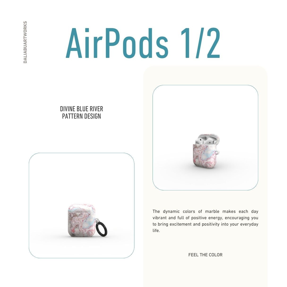 AirPods 1/2 case front view; Divine Blue River pattern, artistic, abstract marble pattern. Light blue and pink color combination. 