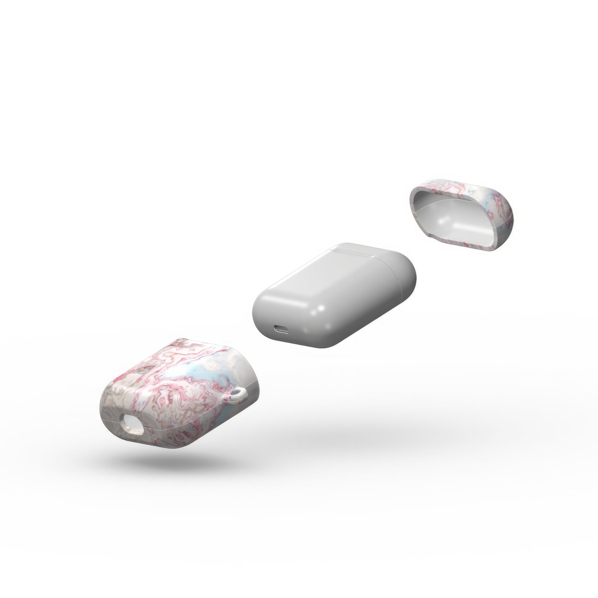 AirPods 1 and 2case extend view; Divine Blue River pattern, artistic, abstract marble pattern. Light blue and pink color combination. 