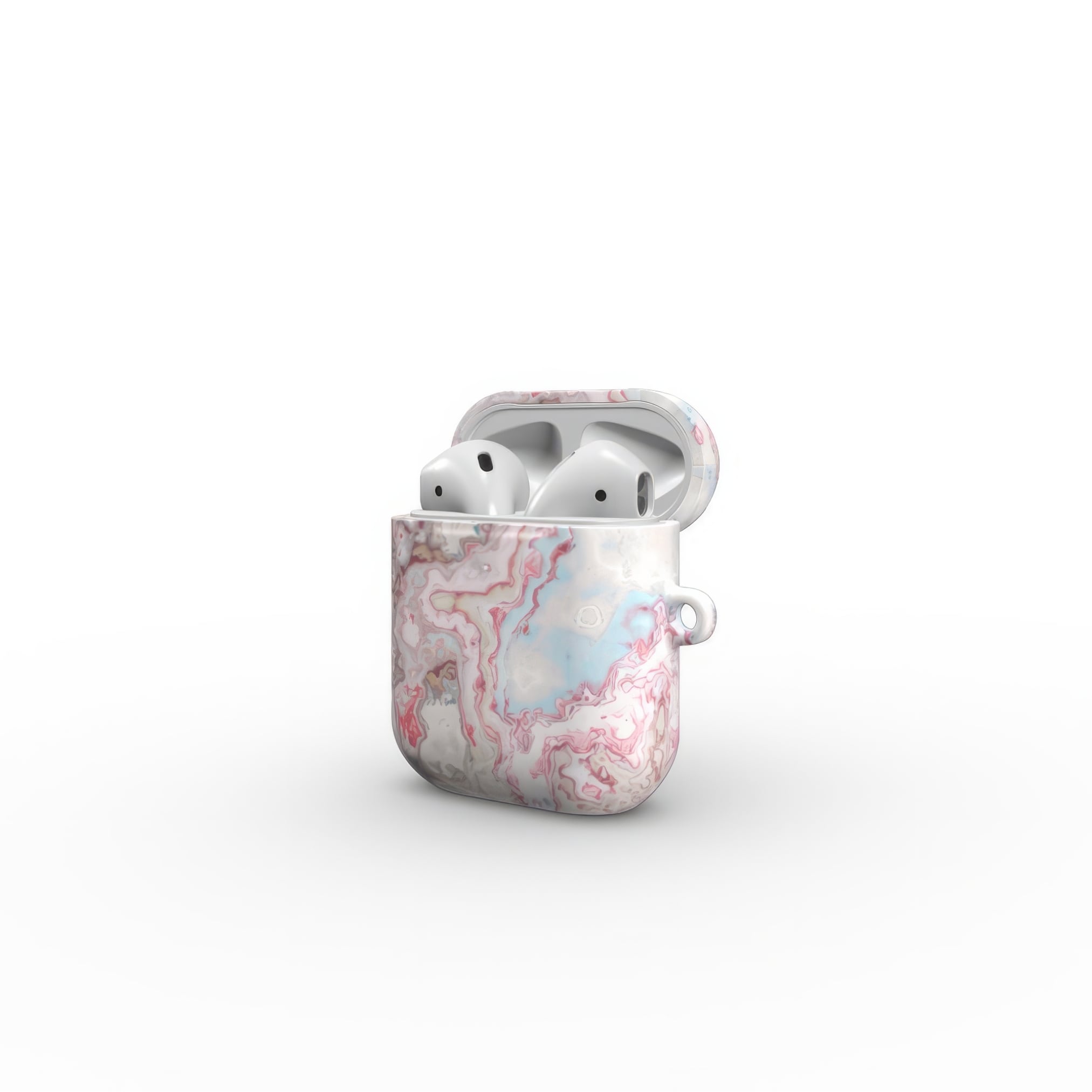 AirPods 1/2 case side open view; Divine Blue River pattern, artistic, abstract marble pattern. Light blue and pink color combination. 