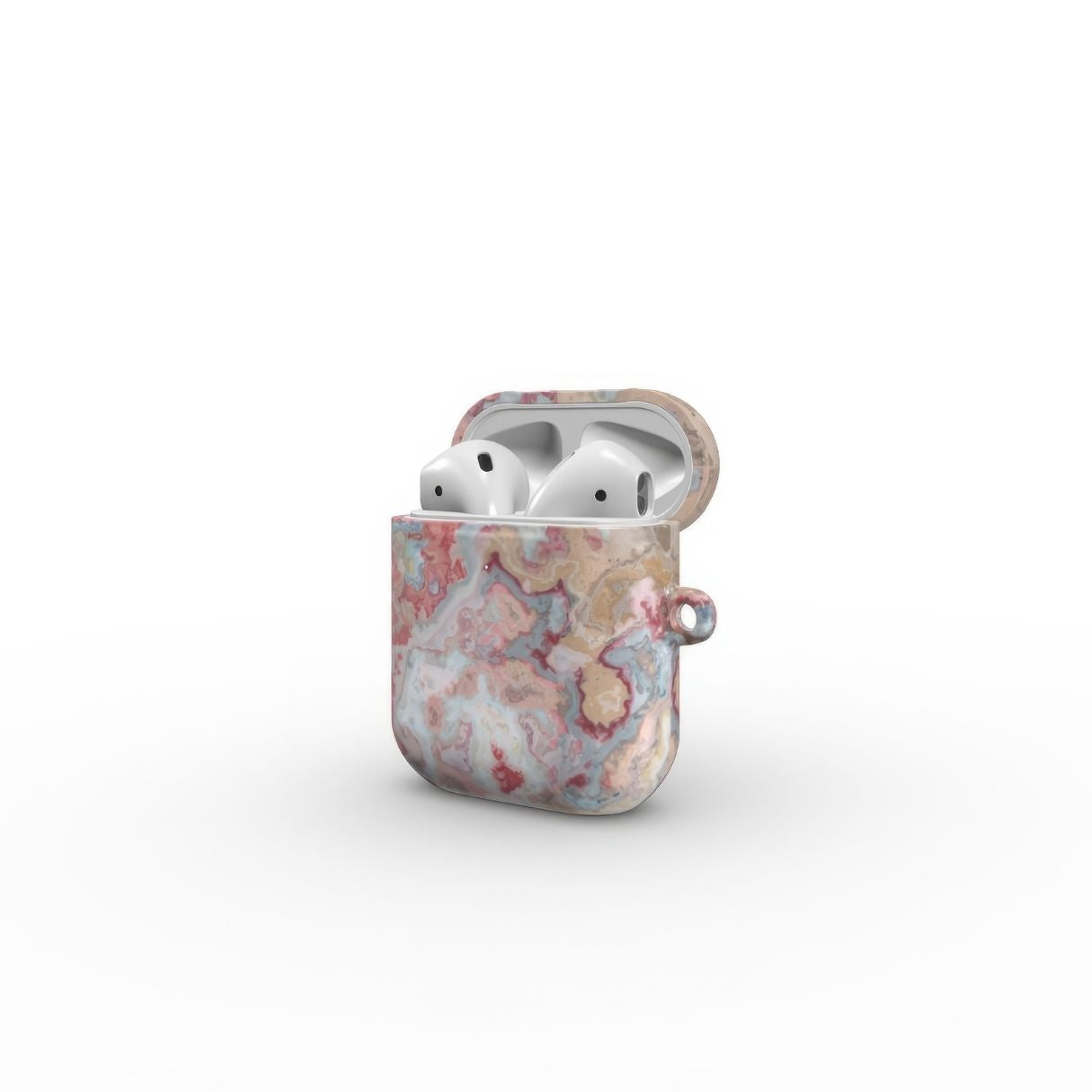 AirPods 1/2 tough case open side view; Divine Blue pattern, artistic, abstract marble pattern. Pink and light blue color combination.
