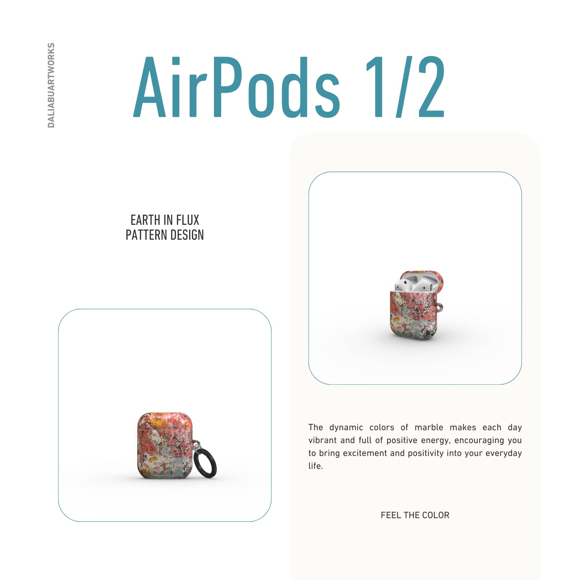 Airpods 1/2 case closed front view; Earth in Flux pattern, artistic, abstract marble pattern. Blue and brick red color combination. 