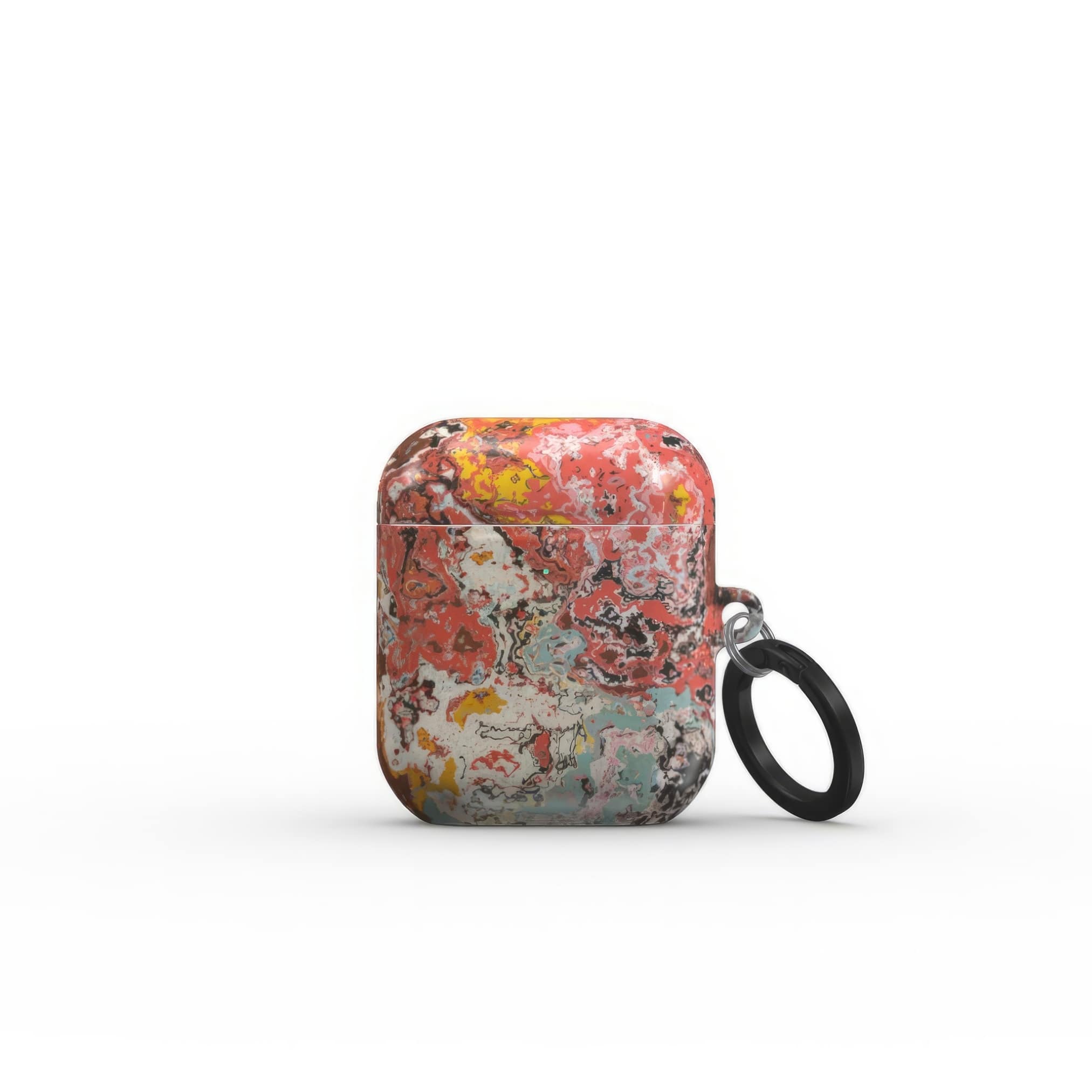 Airpods 1/2 case closed front view; Earth in Flux pattern, artistic, abstract marble pattern. Blue and brick red color combination. 