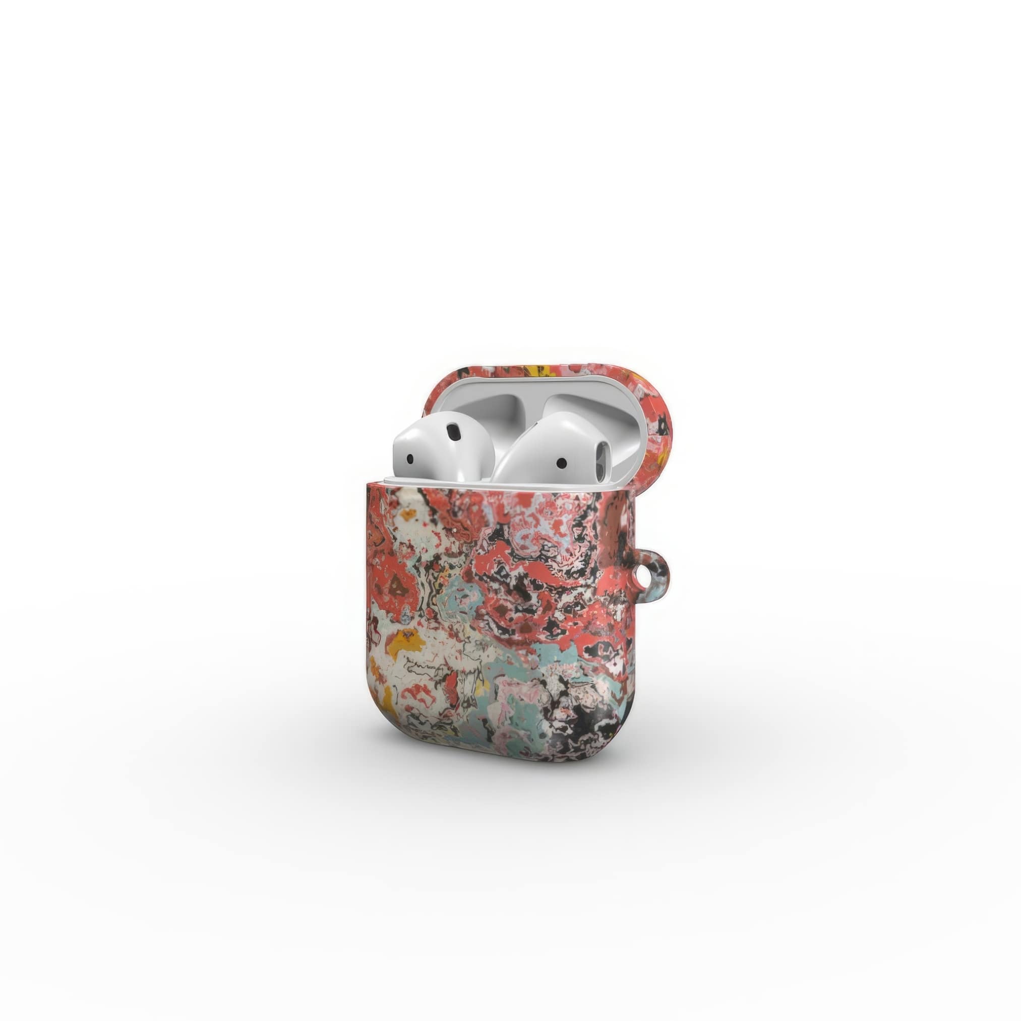 Airpods 1/2 case side open view; Earth in Flux pattern, artistic, abstract marble pattern. Blue and brick red color combination. 