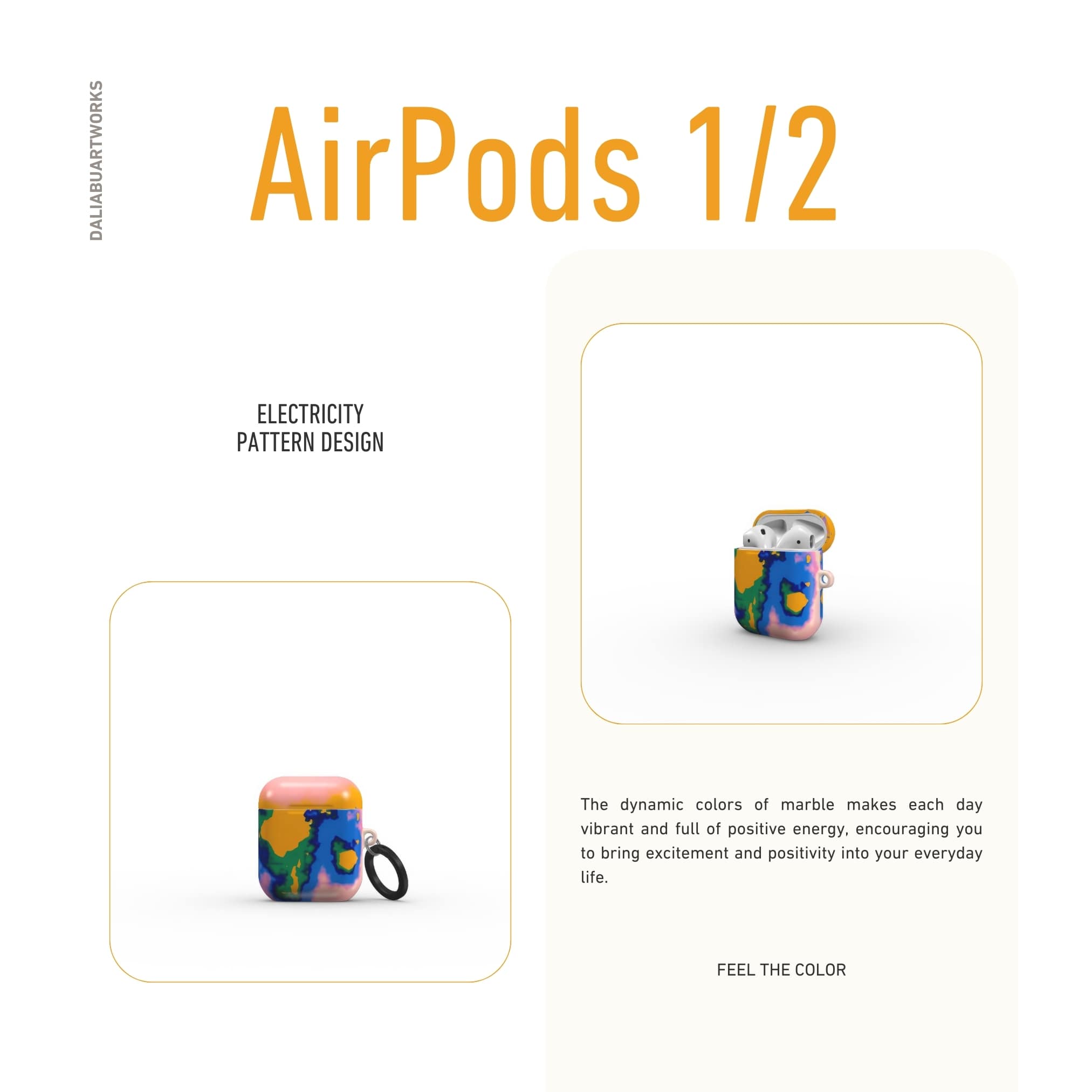 AirPods 1/2 case front view; Electricity pattern, artistic, abstract marble pattern. Blue and orange color combination. 