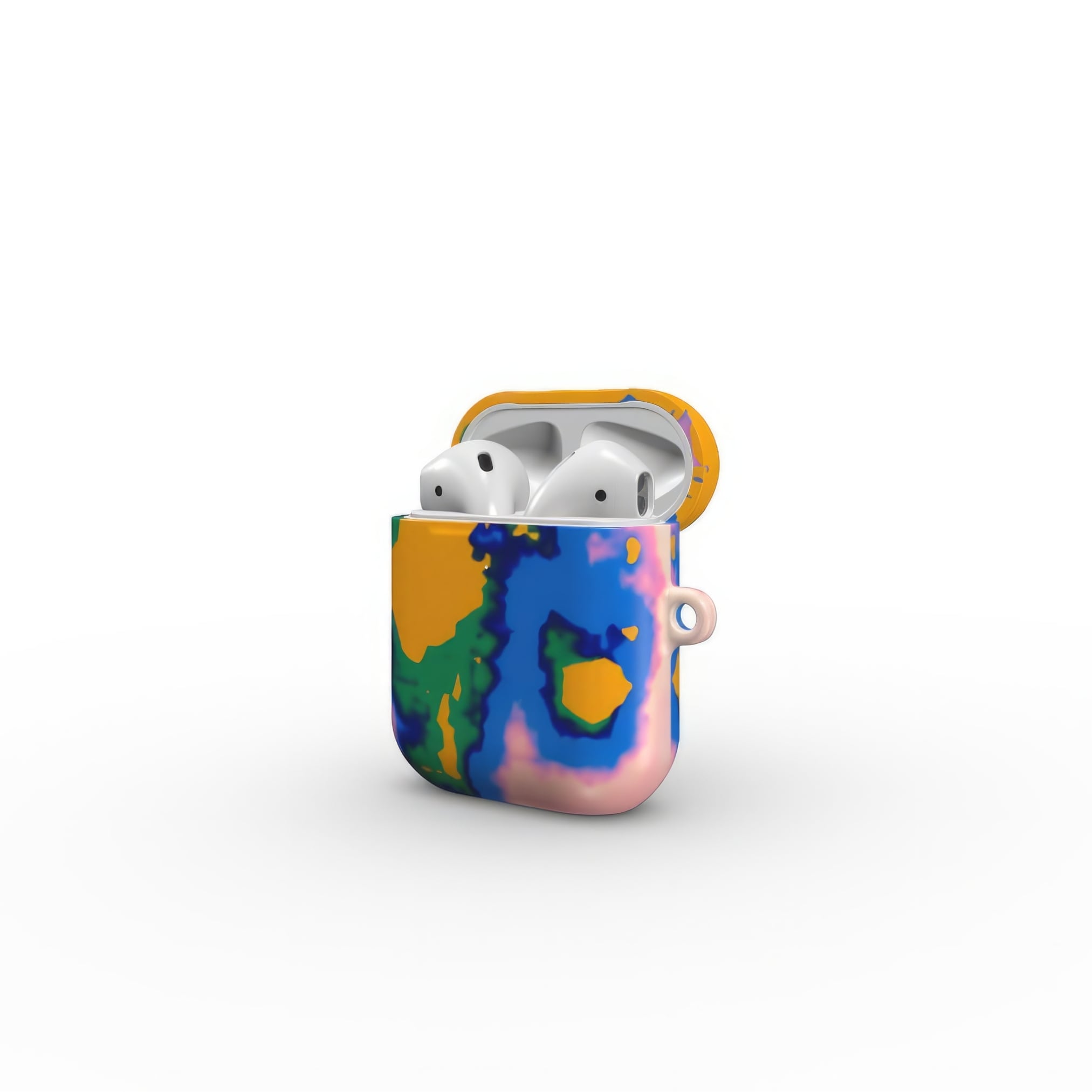 AirPods 1/2 case side open view; Electricity pattern, artistic, abstract marble pattern. Blue and orange color combination. 