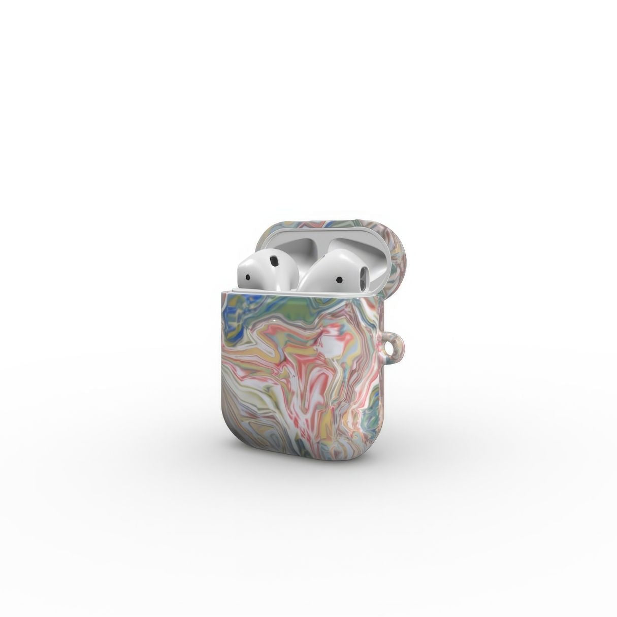 AirPods 1 and 2 tough case open side view; Feel Impress pattern, artistic, abstract marble pattern. Pastel blue, green and red color combination. Inspired by impressionist art. Bold expressive aesthetic design. Colorful and interior fit. Elegant.