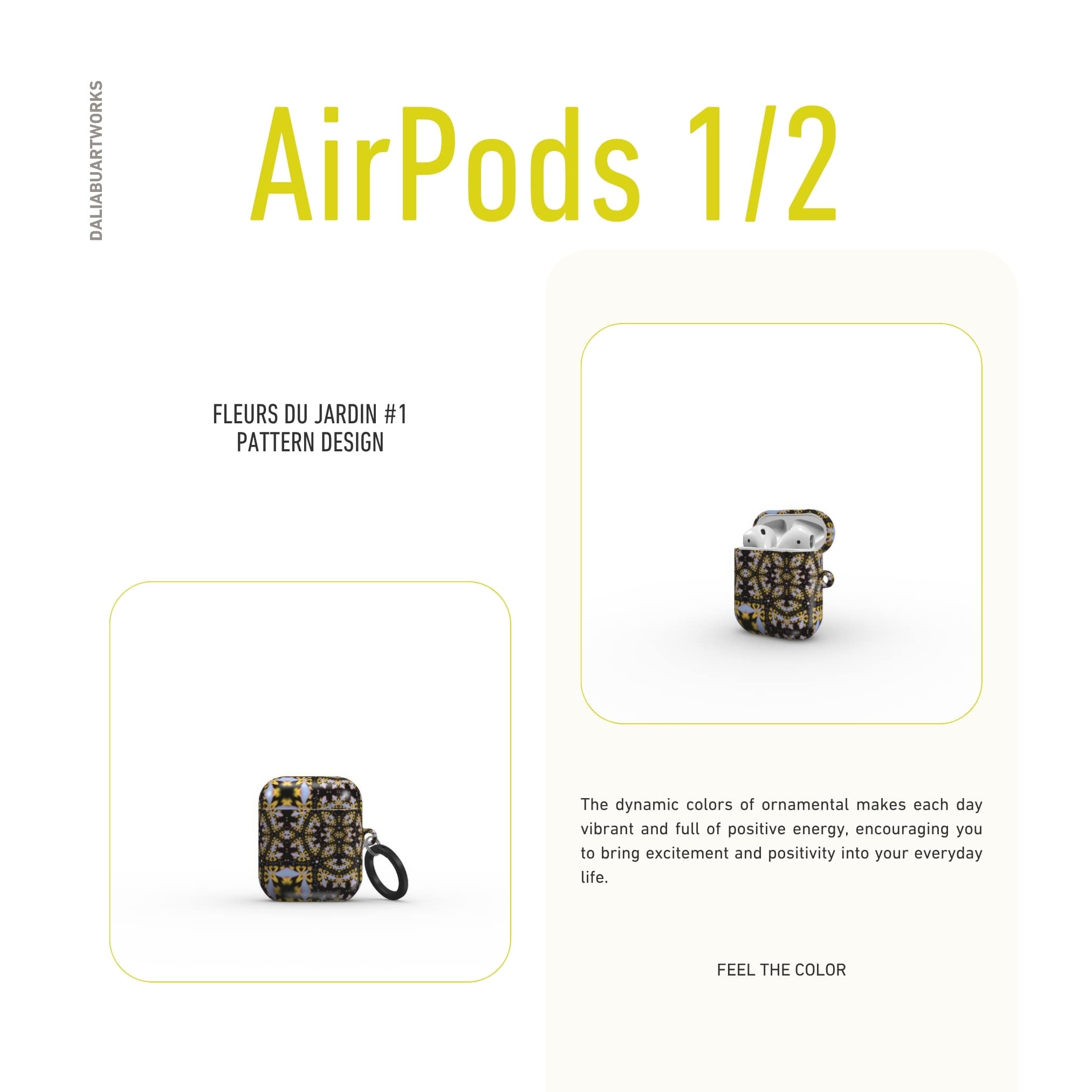 AirPods 1/2 case Fleurs Du Jardin 1 pattern with geometric design, featuring an elegant and expressive aesthetic shape. Main colors are blue, yellow and dark purple. Description.