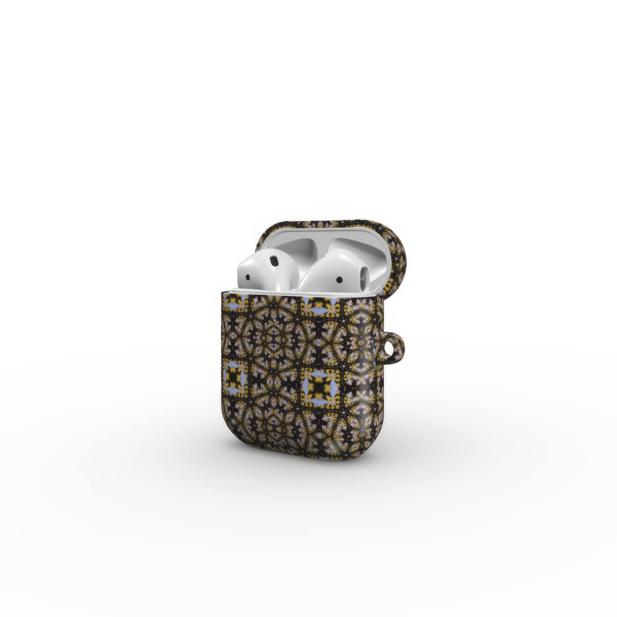 AirPods 1/2 case Fleurs Du Jardin pattern with geometric design, featuring an elegant and expressive aesthetic shape. Main colors are blue, yellow and dark purple. Side open view.