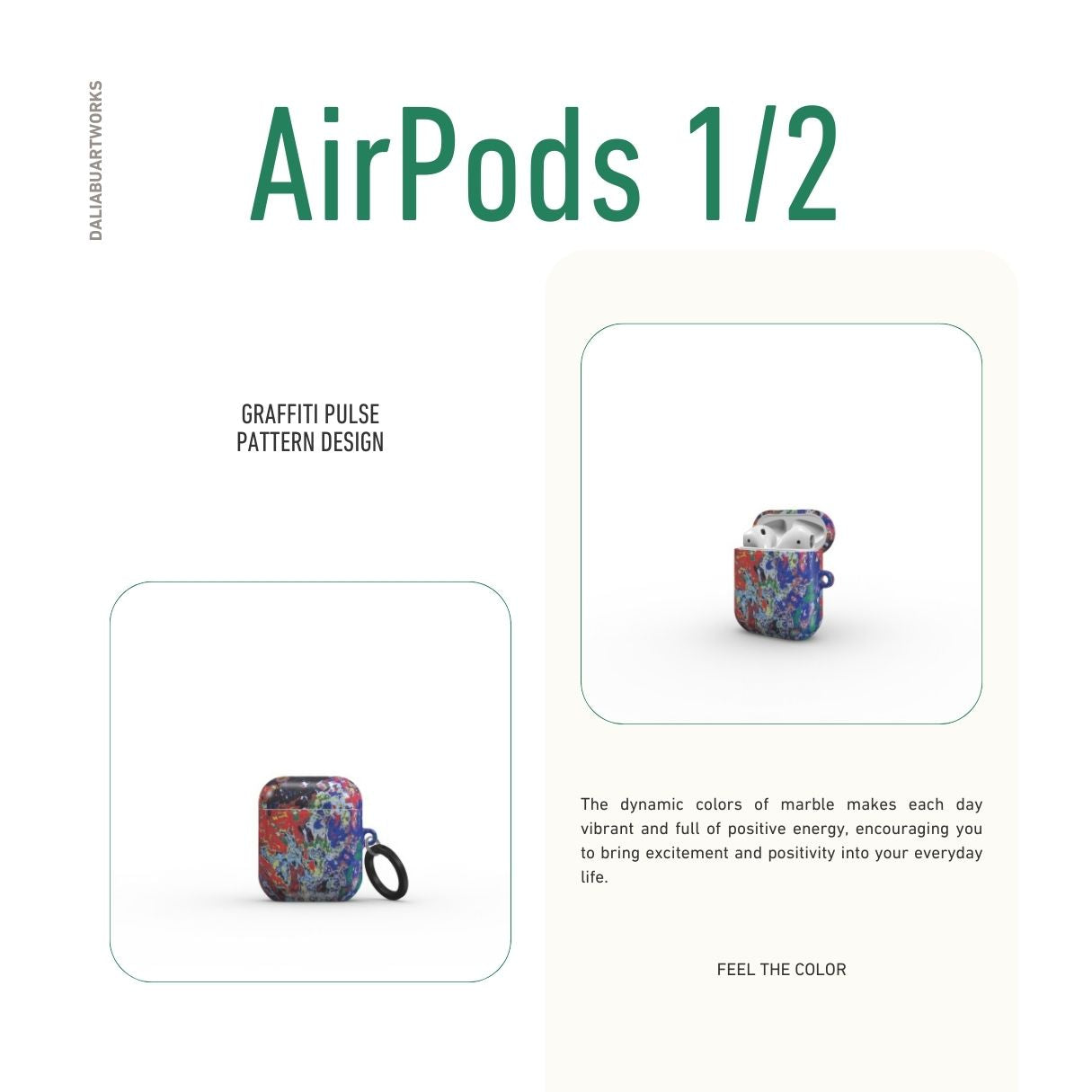 AirPods 1/2 gen case with a bold vivid pattern Graffiti Pulse abstract and artistic style, featuring an elegant and expressive aesthetic design. Main colors are red, blue, black and yellow. Description.