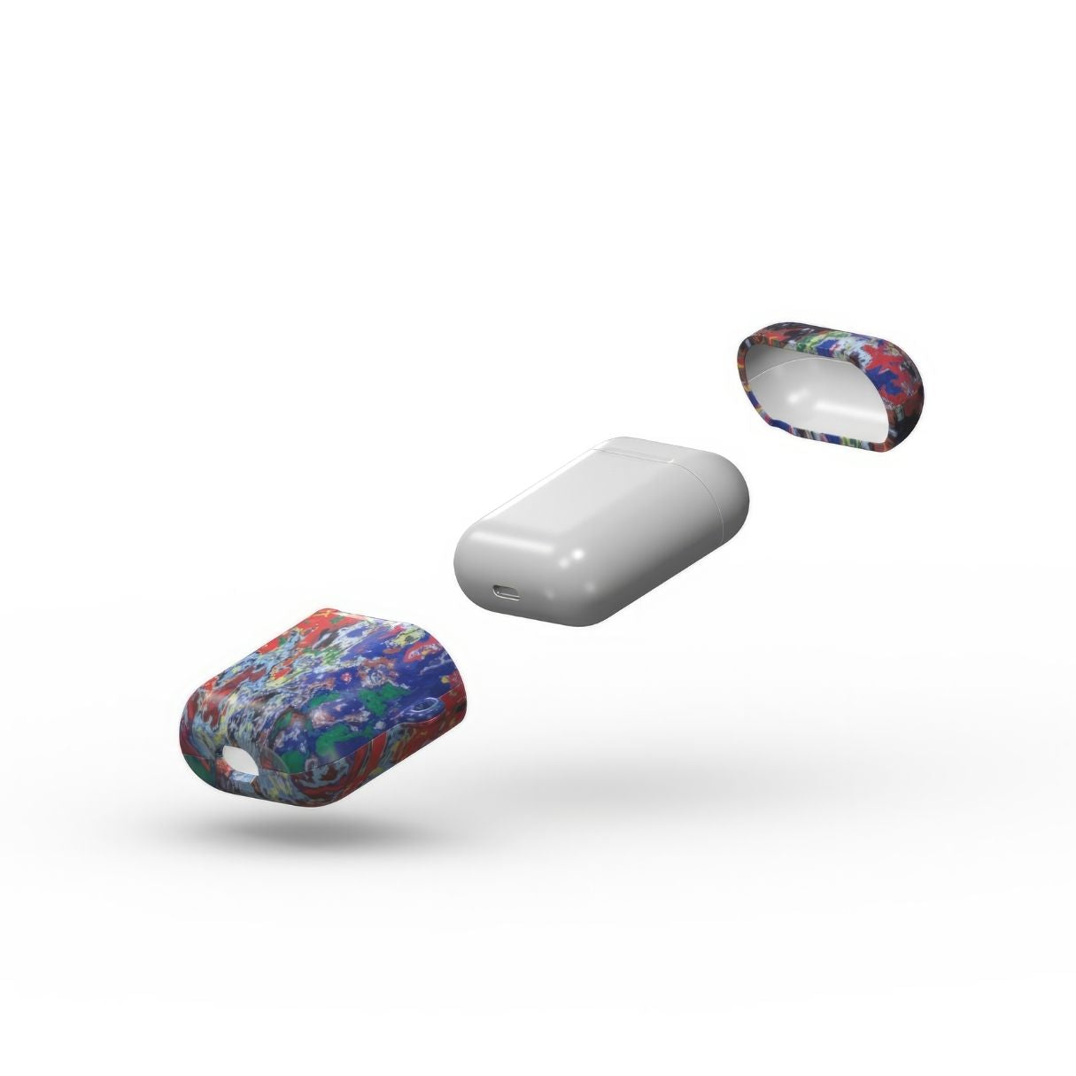 AirPods 1/2 gen case with a bold vivid pattern Graffiti Pulse abstract and artistic style, featuring an elegant and expressive aesthetic design. Main colors are red, blue, black and yellow. Extend view.