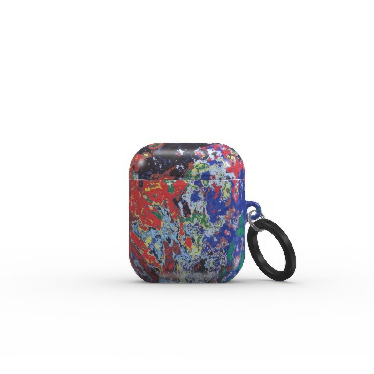 AirPods 1/2 gen case with a bold vivid pattern Graffiti Pulse abstract and artistic style, featuring an elegant and expressive aesthetic design. Main colors are red, blue, black and yellow. Front view.