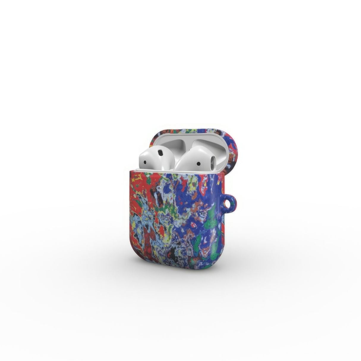 AirPods 1/2 gen case with a bold vivid pattern Graffiti Pulse abstract and artistic style, featuring an elegant and expressive aesthetic design. Main colors are red, blue, black and yellow. Side view.