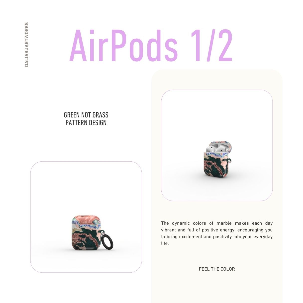 AirPods 1/2 gen case with a bold vivid pattern Green Not Grass abstract and artistic style, featuring an elegant and expressive aesthetic design. Main colors are green and pink hues. Description.