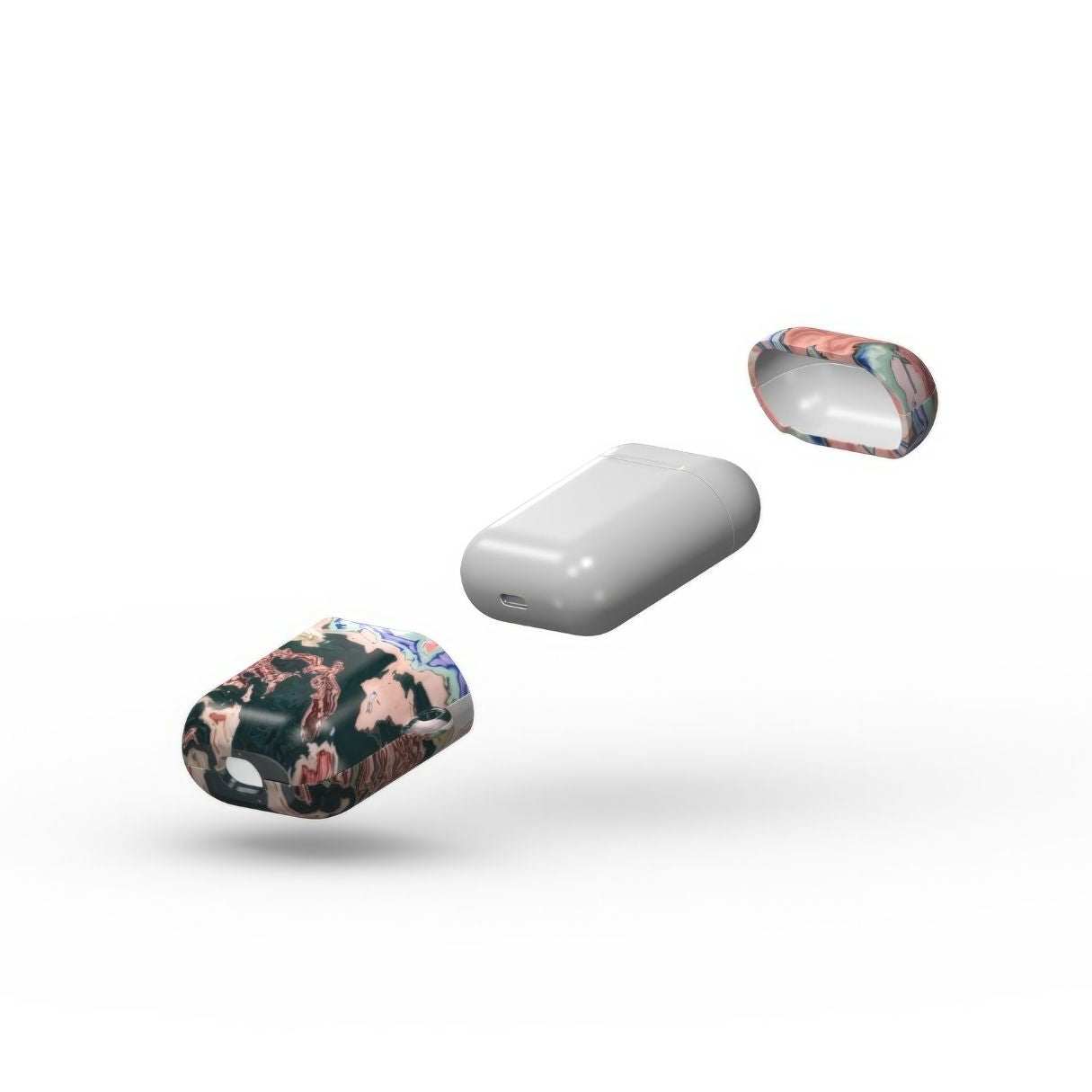 AirPods 1/2 gen case with a bold vivid pattern Green Not Grass abstract and artistic style, featuring an elegant and expressive aesthetic design. Main colors are green and pink hues. Extend view.