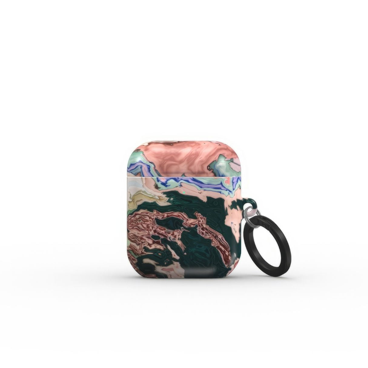 AirPods 1/2 gen case with a bold vivid pattern Green Not Grass abstract and artistic style, featuring an elegant and expressive aesthetic design. Main colors are green and pink hues. Front view.
