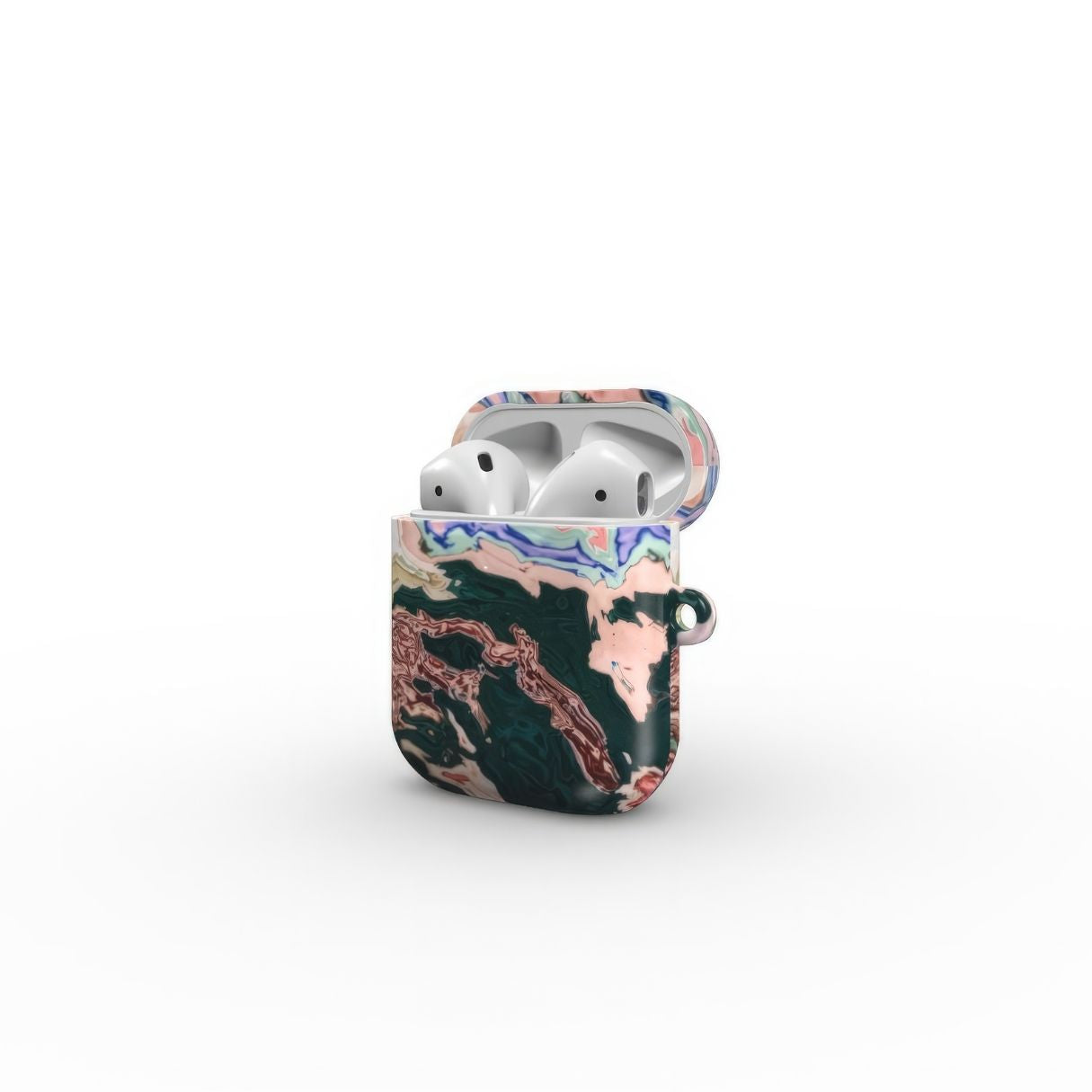 AirPods 1/2 gen case with a bold vivid pattern Green Not Grass abstract and artistic style, featuring an elegant and expressive aesthetic design. Main colors are green and pink hues. Side view.