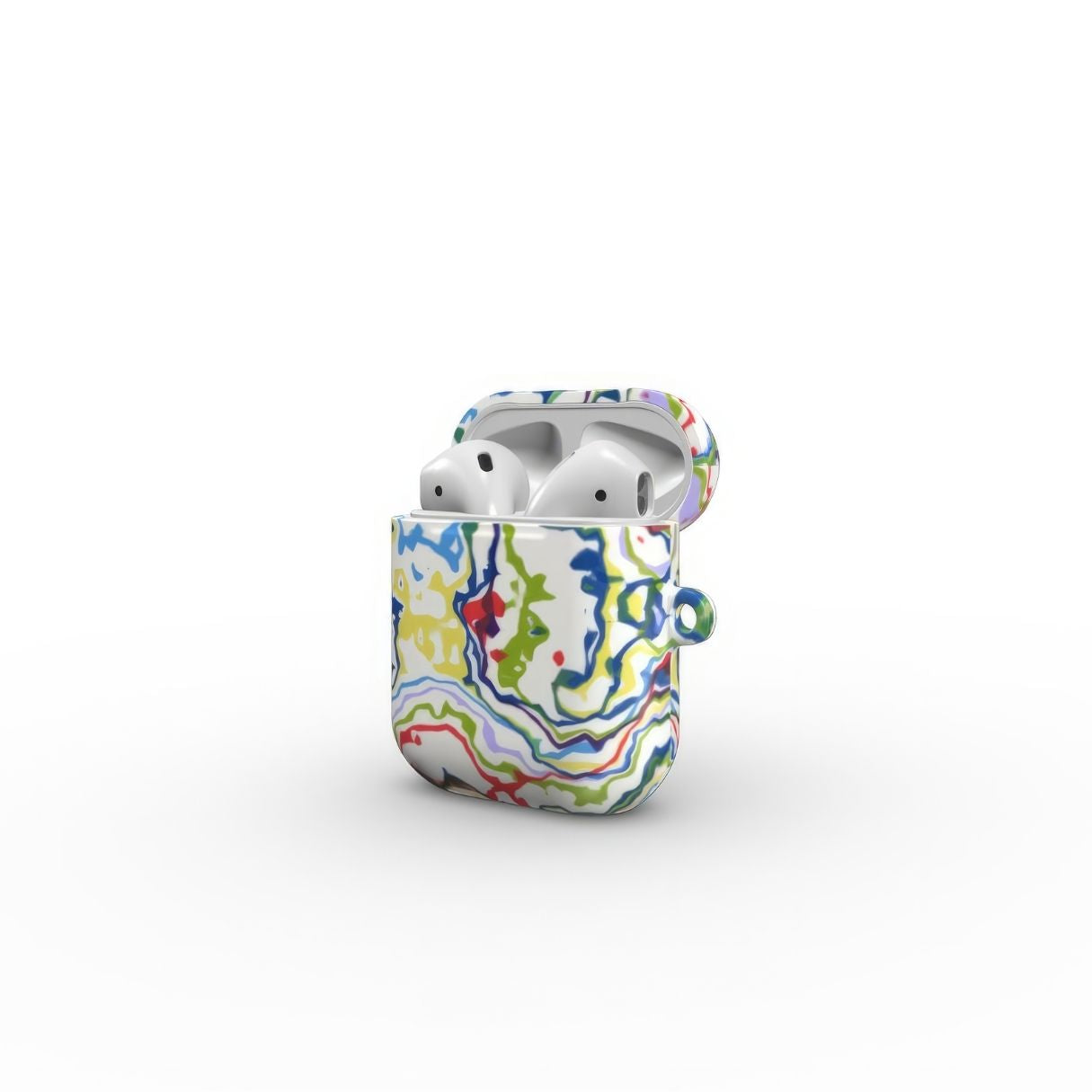 AirPods 1 and 2 tough case side open view; Inside My Brain pattern, artistic, abstract marble pattern. Mix color combination. Bold expressive aesthetic design. Colorful and interior fit. Elegant.