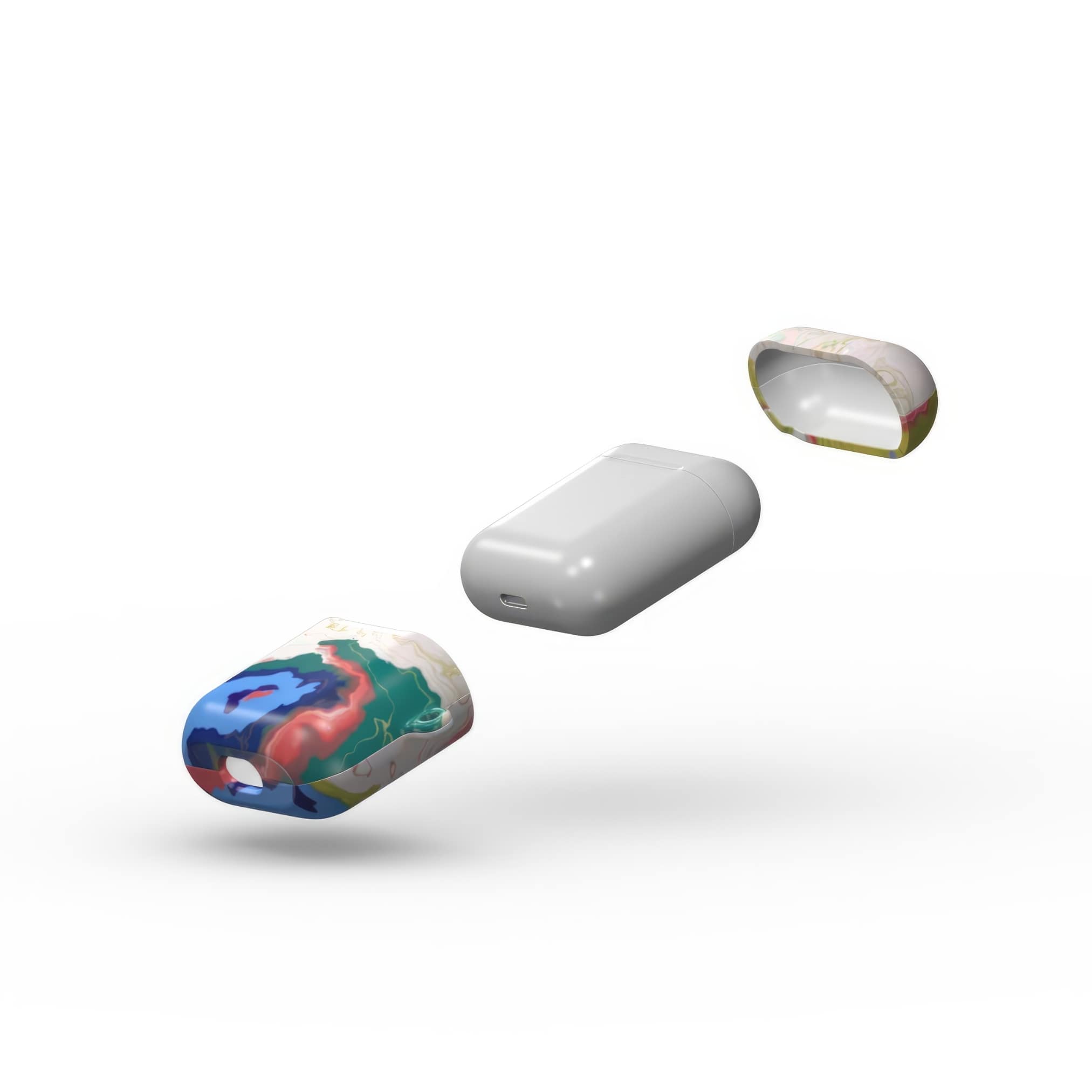 AirPods 1 and 2 tough case extend view; Jamaica 1 pattern, artistic, abstract marble pattern. Dark blue, yellow and white color combination.