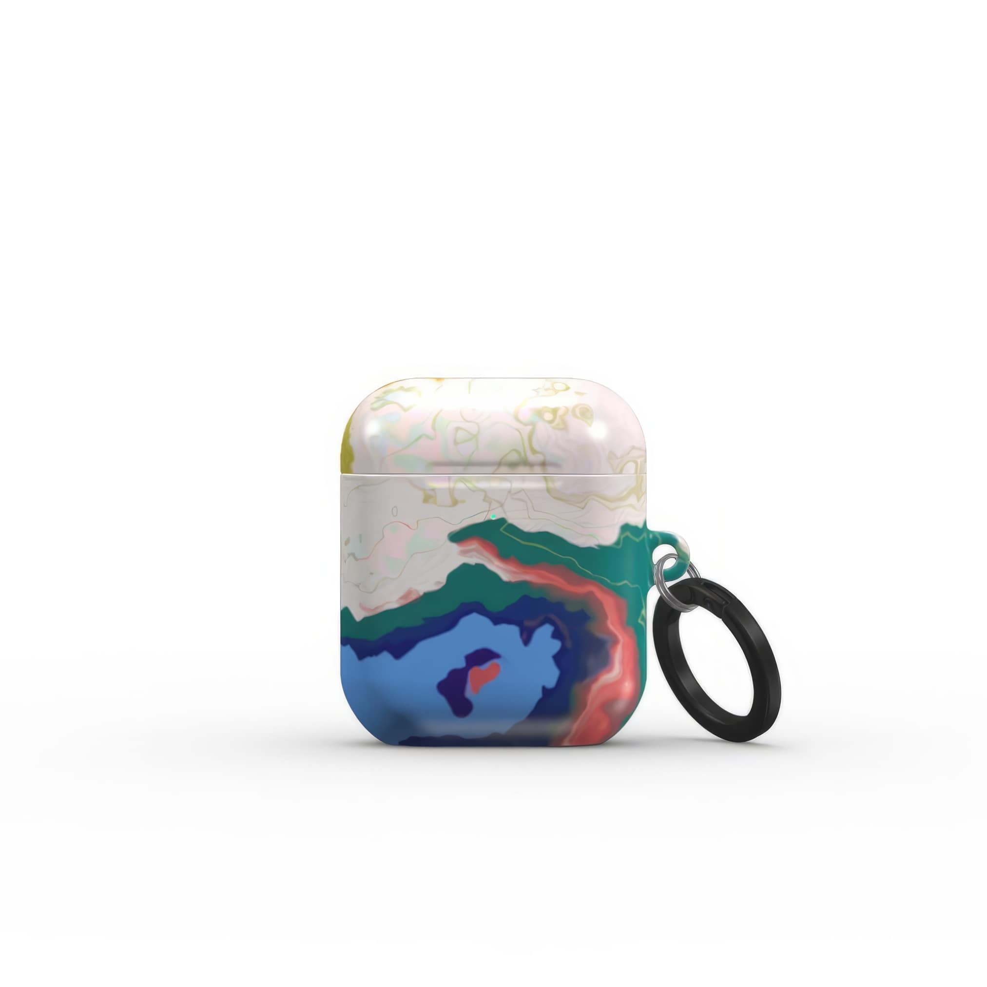 AirPods 1 and 2 tough case front view; Jamaica 1 pattern, artistic, abstract marble pattern. Dark blue, yellow and white color combination. Bold expressive aesthetic design. Colorful and interior fit.