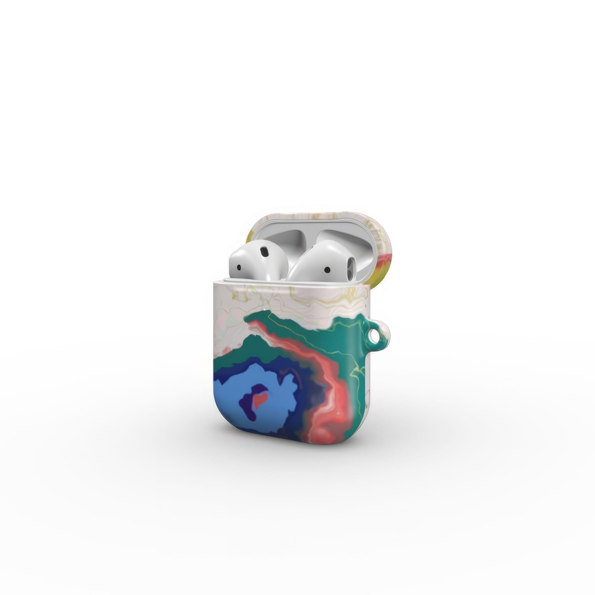 AirPods 1 and 2 tough case side open view; Jamaica 1 pattern, artistic, abstract marble pattern. Dark blue, yellow and white color combination.