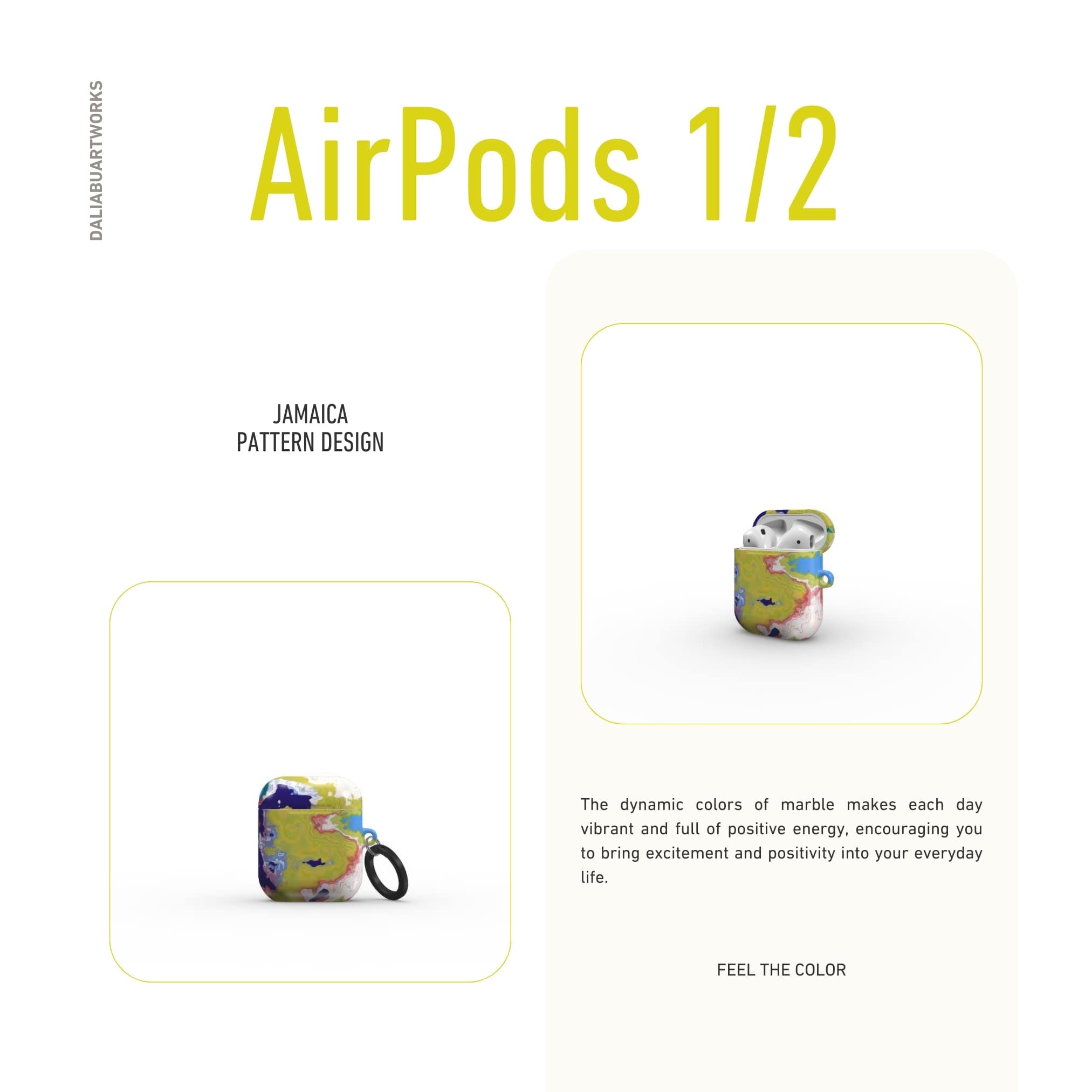 AirPods 1 and 2 tough case front view; Jamaica pattern, artistic, abstract marble pattern. Dark blue, yellow and white color combination. Bold expressive aesthetic design. Colorful and interior fit.