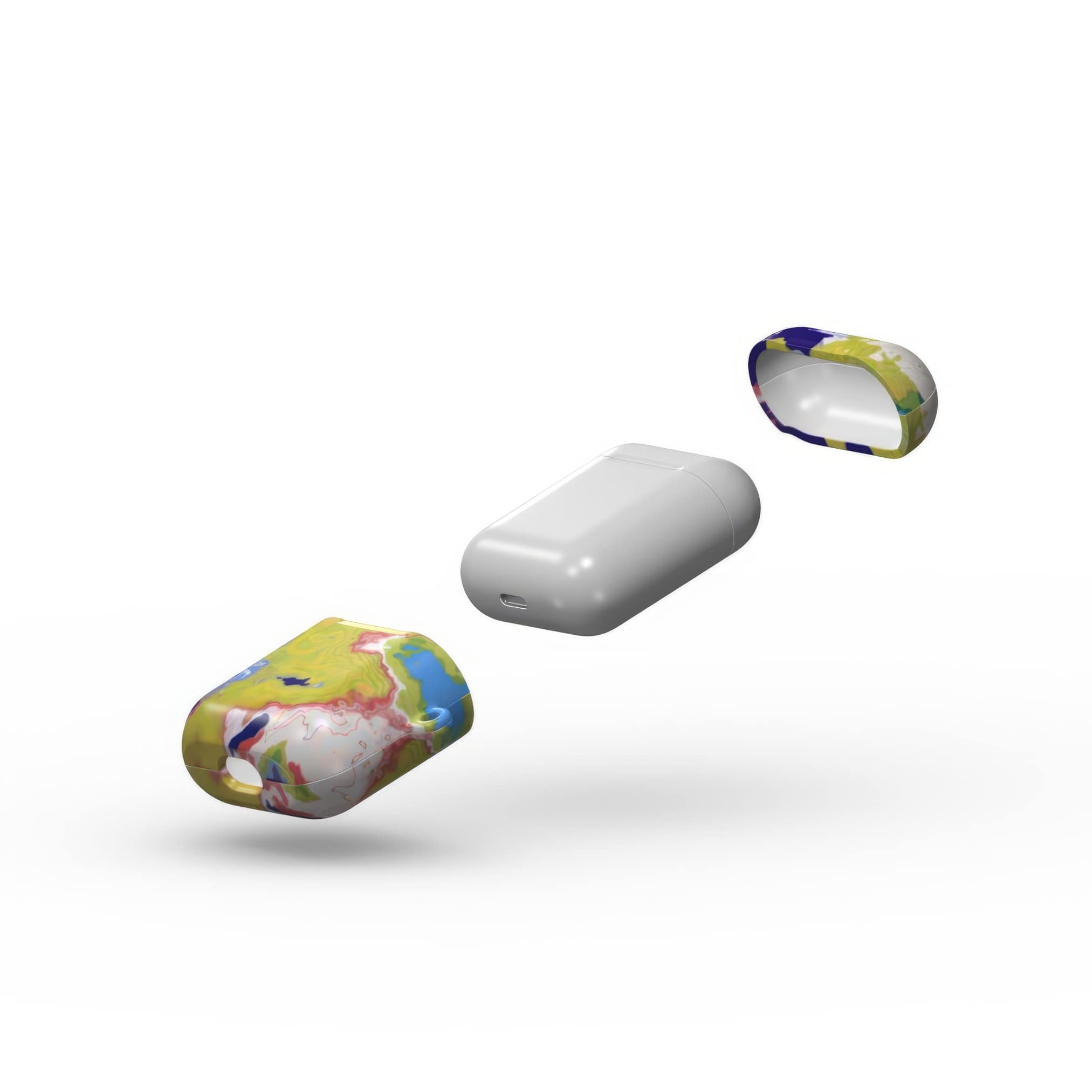 AirPods 1 and 2 tough case extend view; Jamaica pattern, artistic, abstract marble pattern. Dark blue, yellow and white color combination. Bold expressive aesthetic design. Colorful and interior fit.