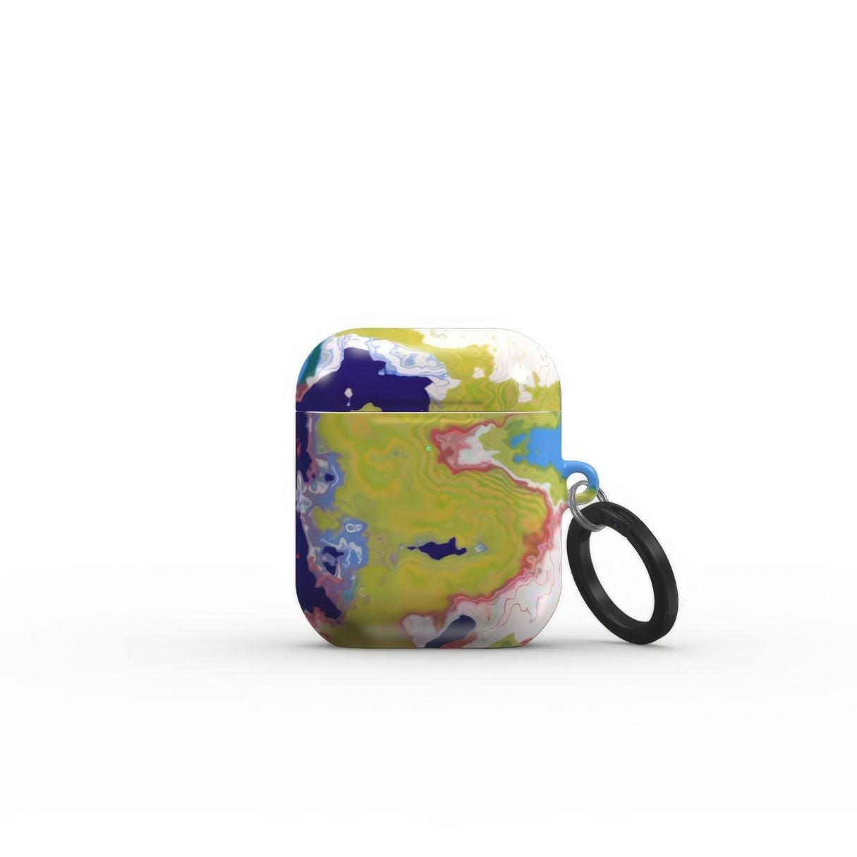 AirPods 1 and 2 tough case front view; Jamaica pattern, artistic, abstract marble pattern. Dark blue, yellow and white color combination. Bold expressive aesthetic design. Colorful and interior fit.