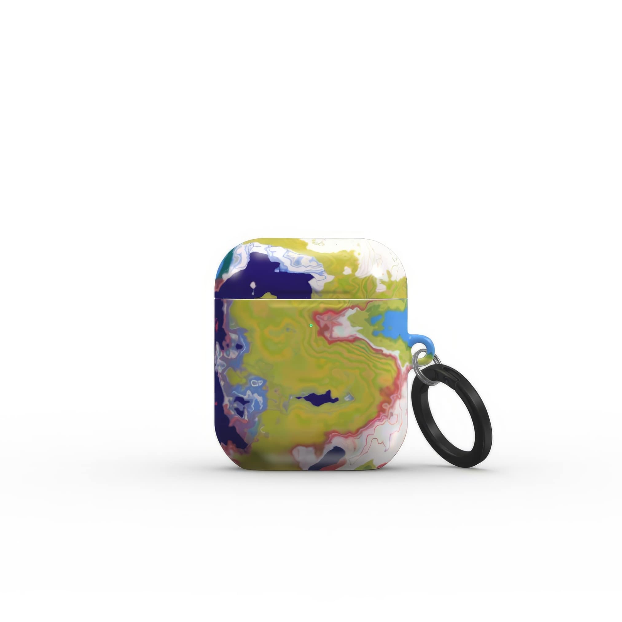 AirPods 1 and 2 tough case front view; Jamaica pattern, artistic, abstract marble pattern. Dark blue, yellow and white color combination. Bold expressive aesthetic design. Colorful and interior fit.