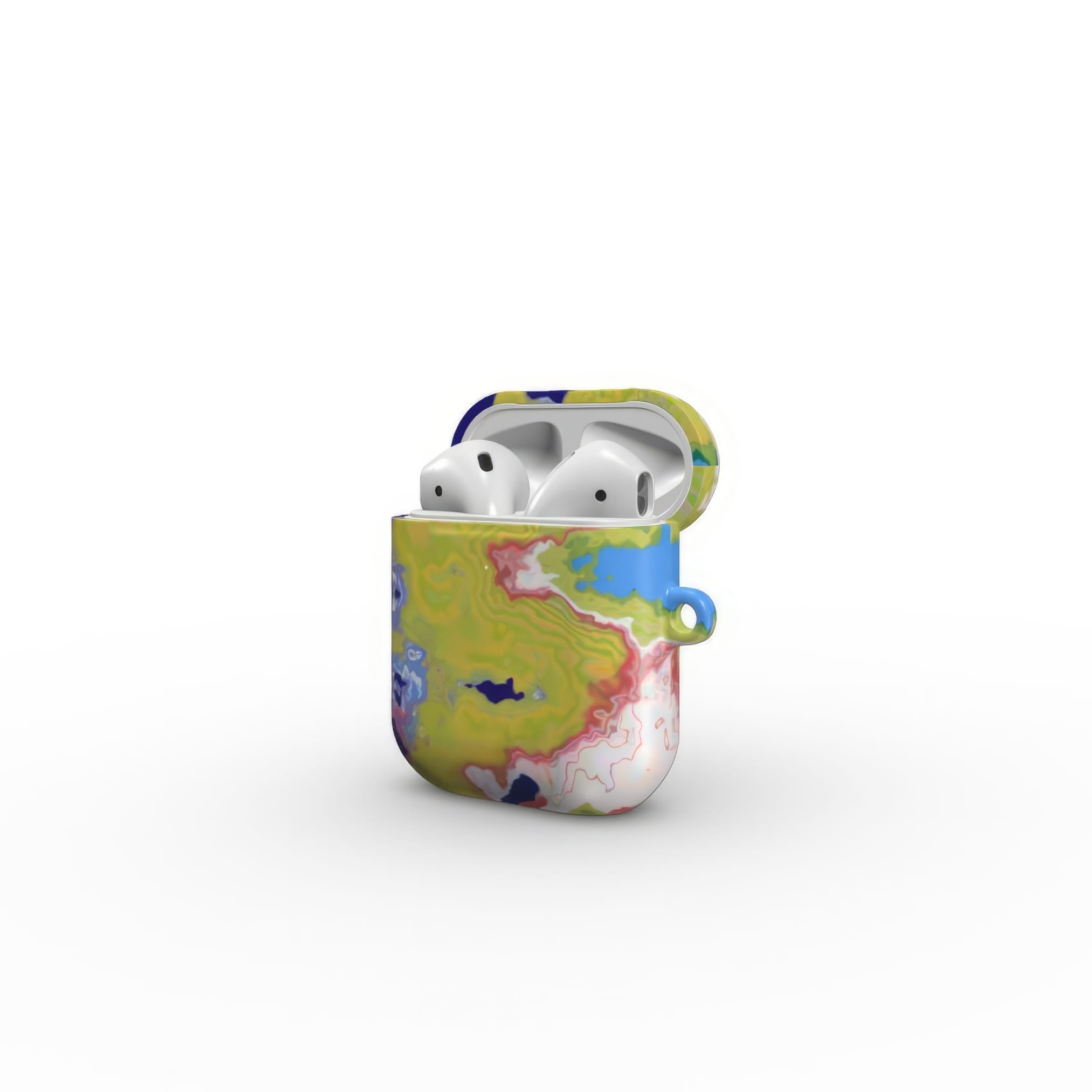 AirPods 1 and 2 tough case side view; Jamaica pattern, artistic, abstract marble pattern. Dark blue, yellow and white color combination. Bold expressive aesthetic design. Colorful and interior fit.