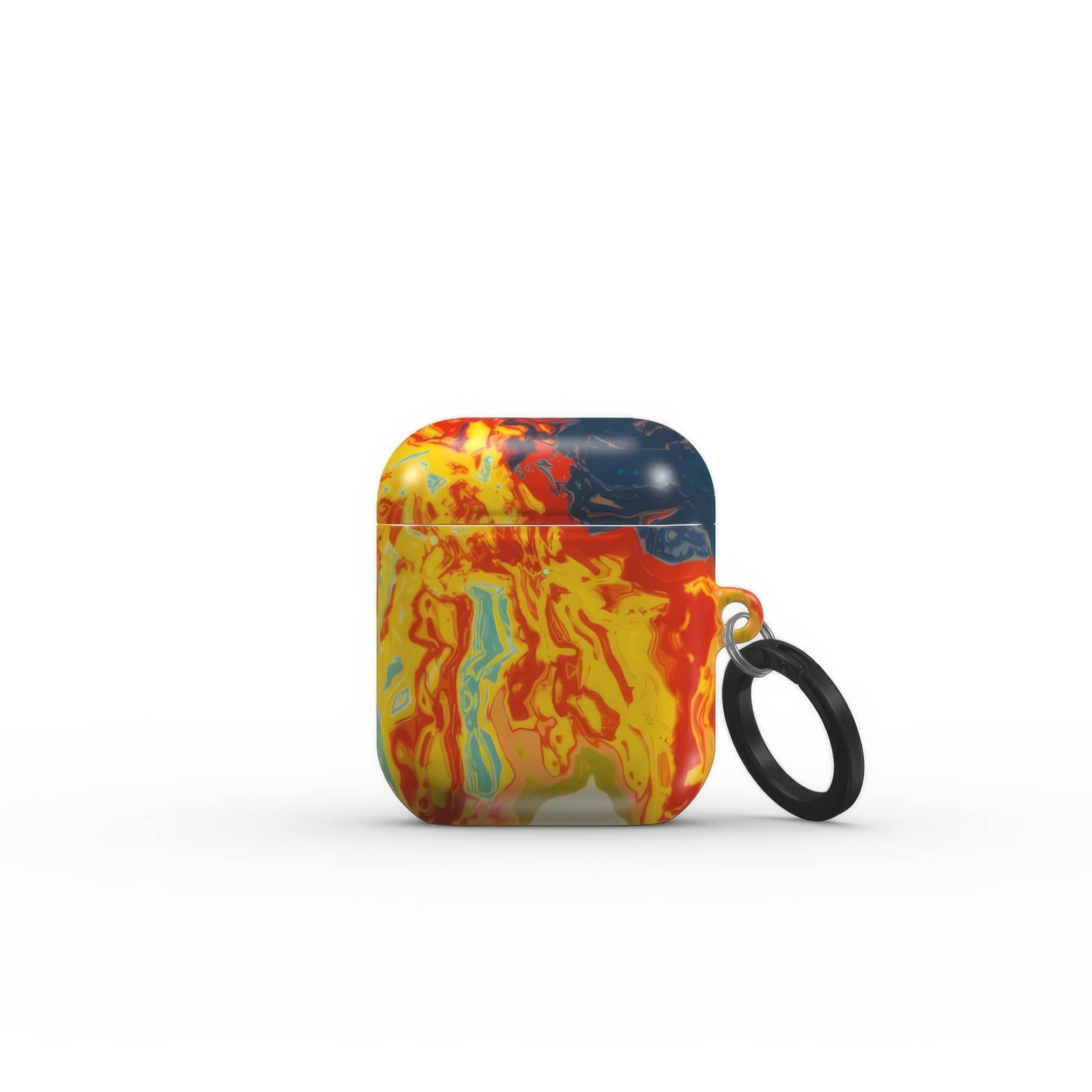 AirPods 1/2 tough case with a bold vivid pattern in marble abstract and artistic style, featuring an elegant and expressive aesthetic design. Main colors are navy deep blue, rich yellow, red and marine blue. Front view.