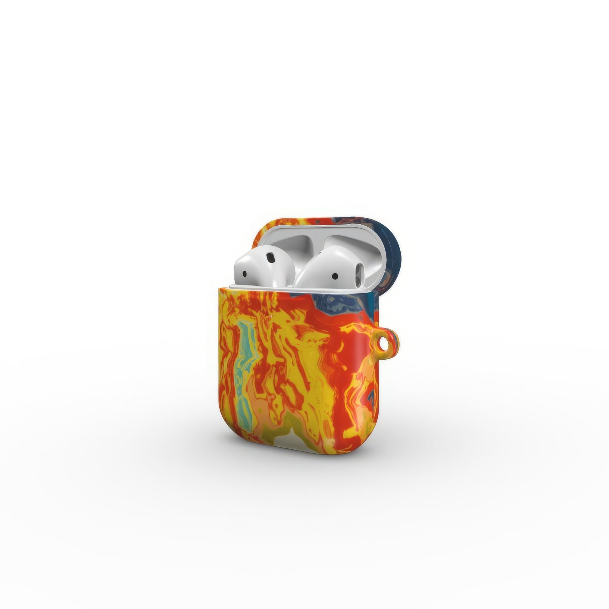 AirPods 1/2 tough case with a bold vivid pattern in marble abstract and artistic style, featuring an elegant and expressive aesthetic design. Main colors are navy deep blue, rich yellow, red and marine blue. Side open view.