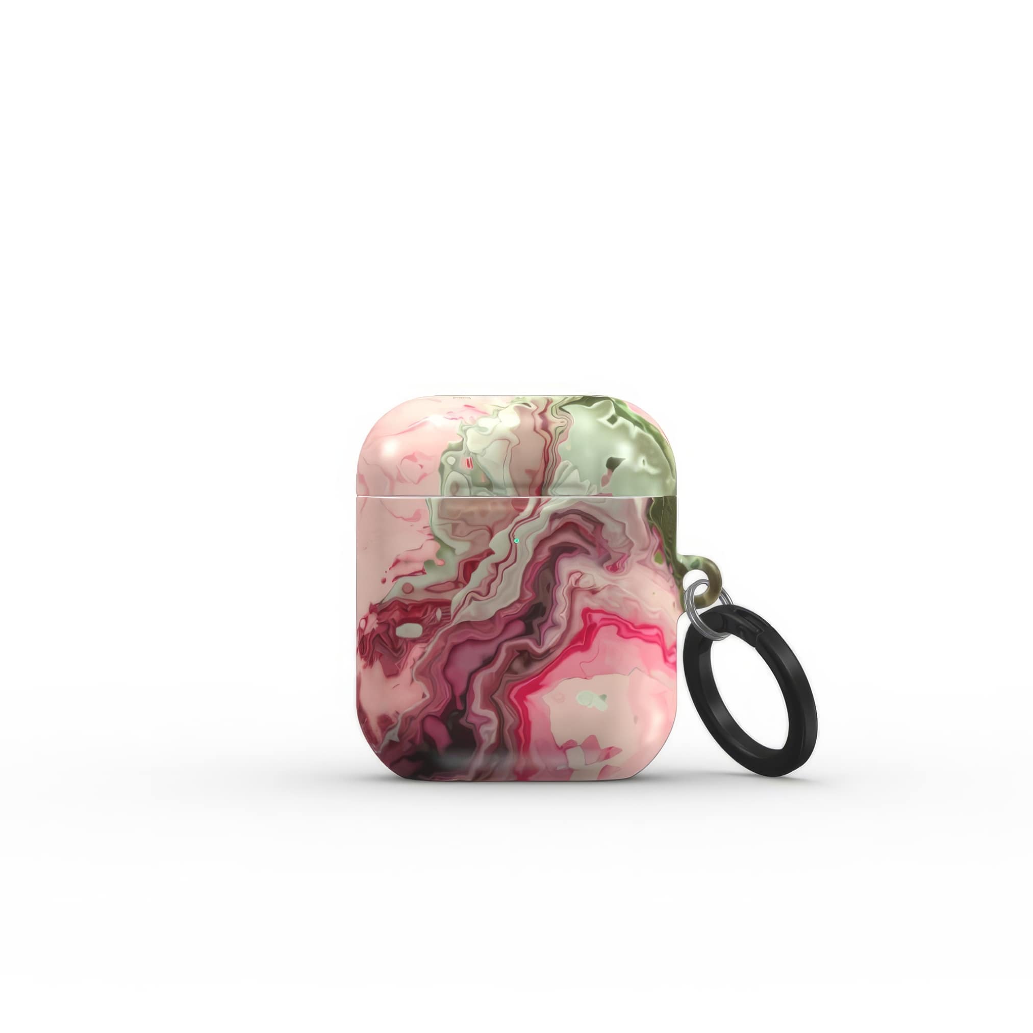 AirPods 1/2 tough case front view; Like Flamingo 1 pattern, artistic, abstract marble pattern. Pink and green color combination. Bold expressive aesthetic design. Colorful and interior fit. Elegant.