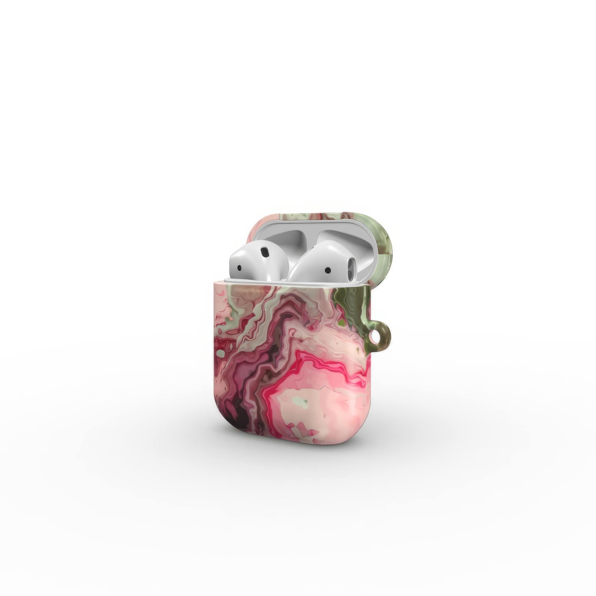 AirPods 1/2 tough case side view; Like Flamingo 1 pattern, artistic, abstract marble pattern. Pink and green color combination. Bold expressive aesthetic design. Colorful and interior fit. Elegant.