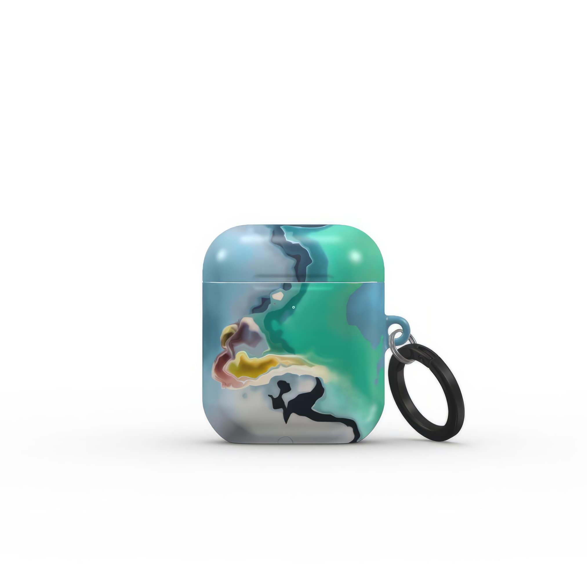 AirPods 1/2 tough case front view; Oceans Breath 1 pattern, artistic, abstract marble pattern. Green and blue color combination. Bold expressive aesthetic design. Colorful and interior fit. Elegant.
