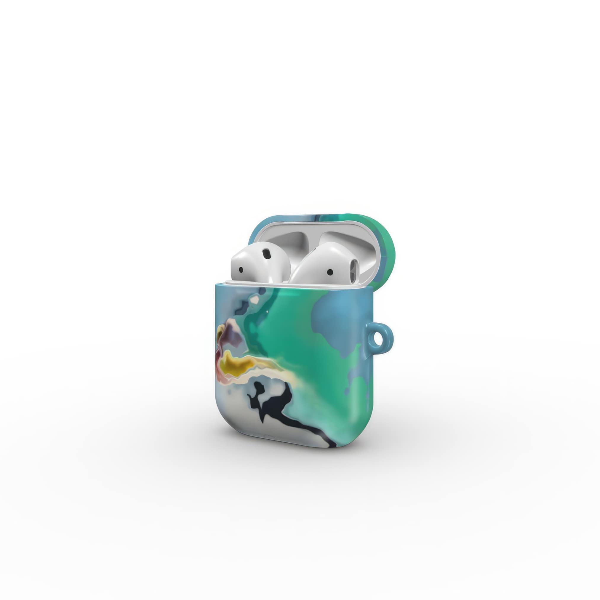 AirPods 1/2 tough case open view; Oceans Breath 1 pattern, artistic, abstract marble pattern. Green and blue color combination. Bold expressive aesthetic design. Colorful and interior fit. Elegant.